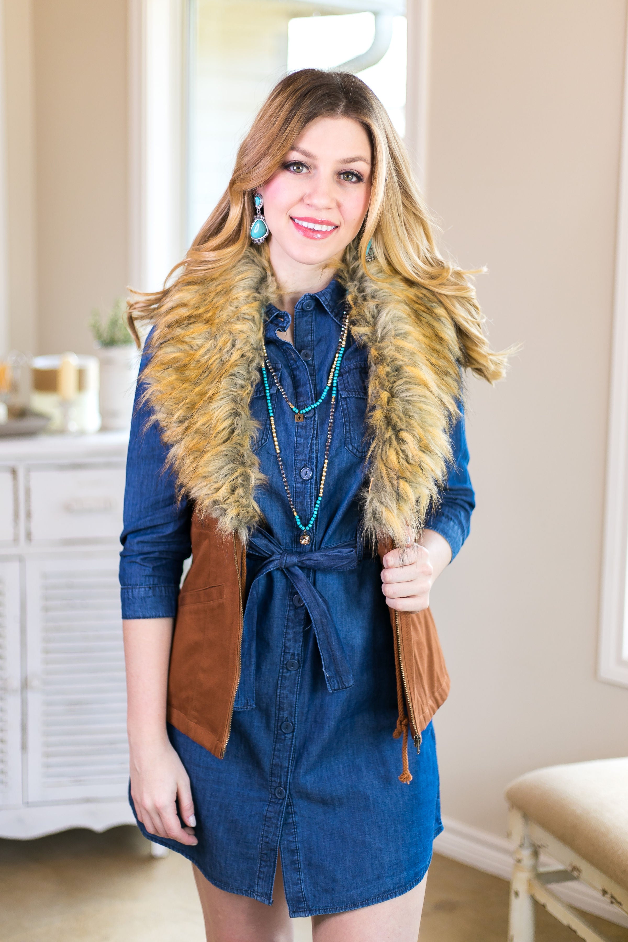 Last Chance Size Small | Leaving Behind Vest with Removable Faux Fur Trim in Camel - Giddy Up Glamour Boutique