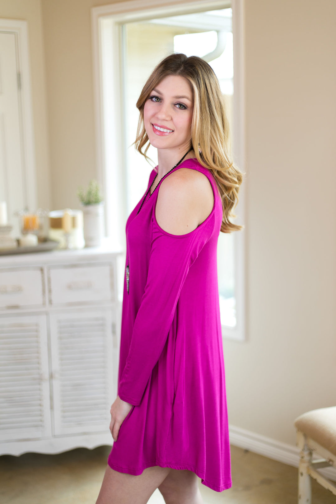Fill Me In Cold Shoulder Dress in Magenta - Giddy Up Glamour Boutique