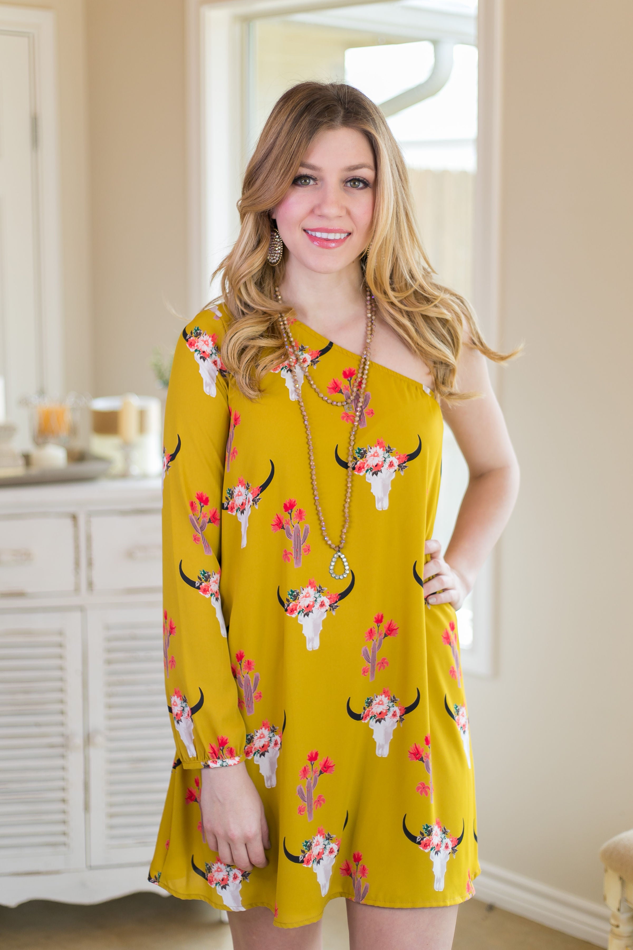Last Chance Size Small | Southwest Quest One Shoulder Cactus and Bull Dress in Mustard - Giddy Up Glamour Boutique
