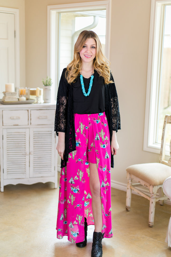 One in a Million Tee Pee and Cactus Maxi Skort in Hot Pink - Giddy Up Glamour Boutique