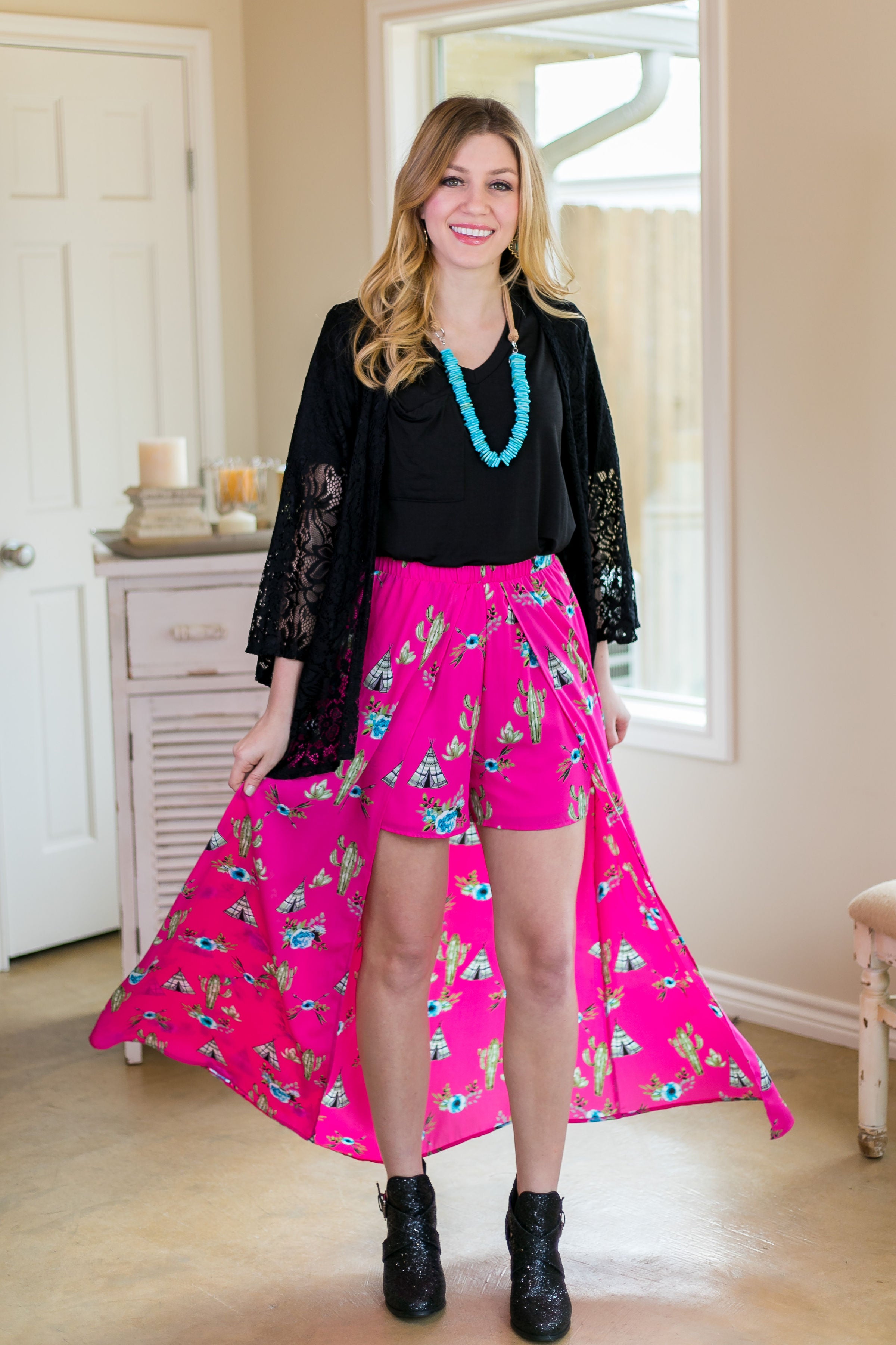 One in a Million Tee Pee and Cactus Maxi Skort in Hot Pink - Giddy Up Glamour Boutique