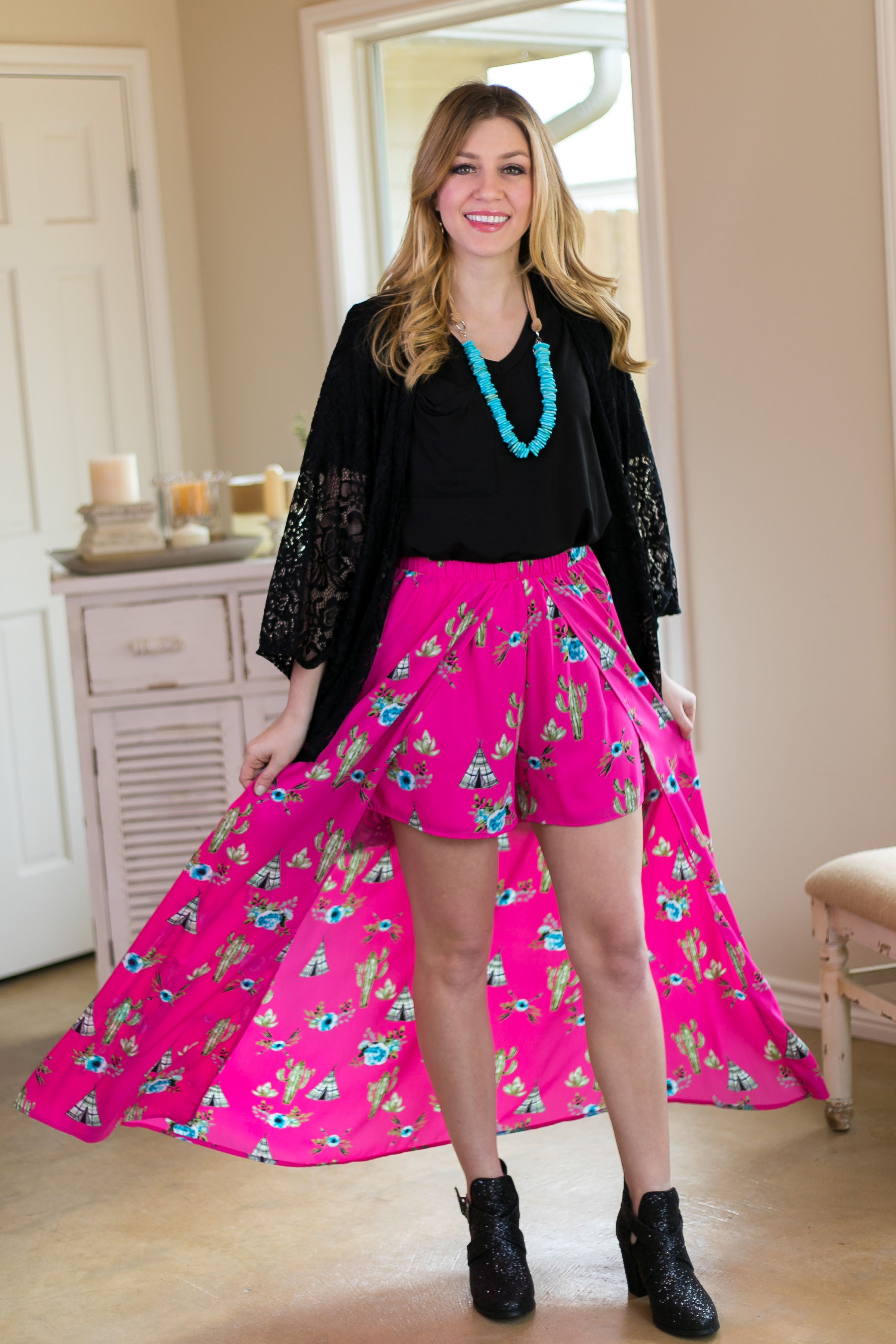 One in a Million Tee Pee and Cactus Maxi Skort in Hot Pink - Giddy Up Glamour Boutique