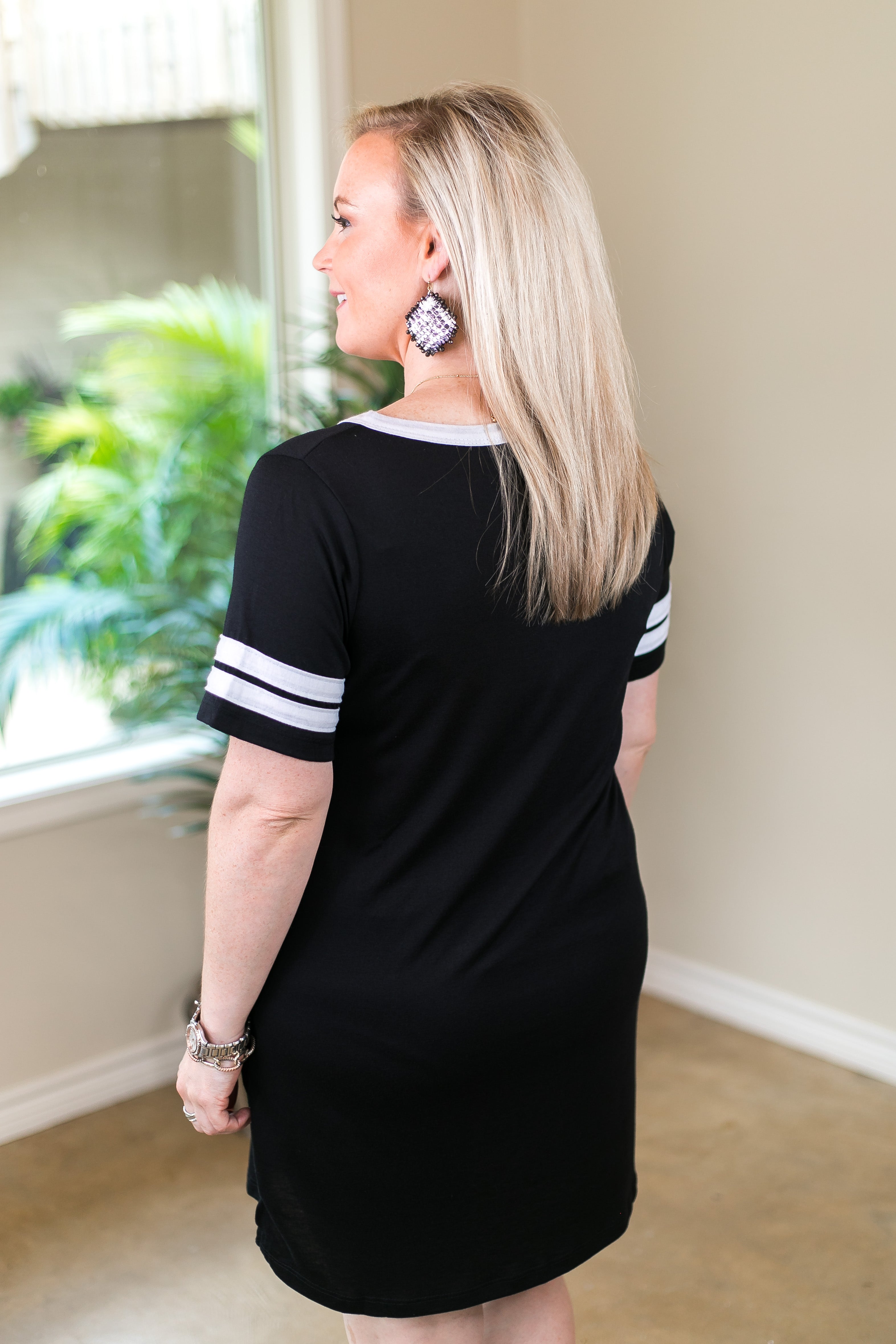 Last Chance Size Small | Say It Loud, Say It Proud Tee Shirt Dress with Jersey Stripe Sleeves in Black - Giddy Up Glamour Boutique