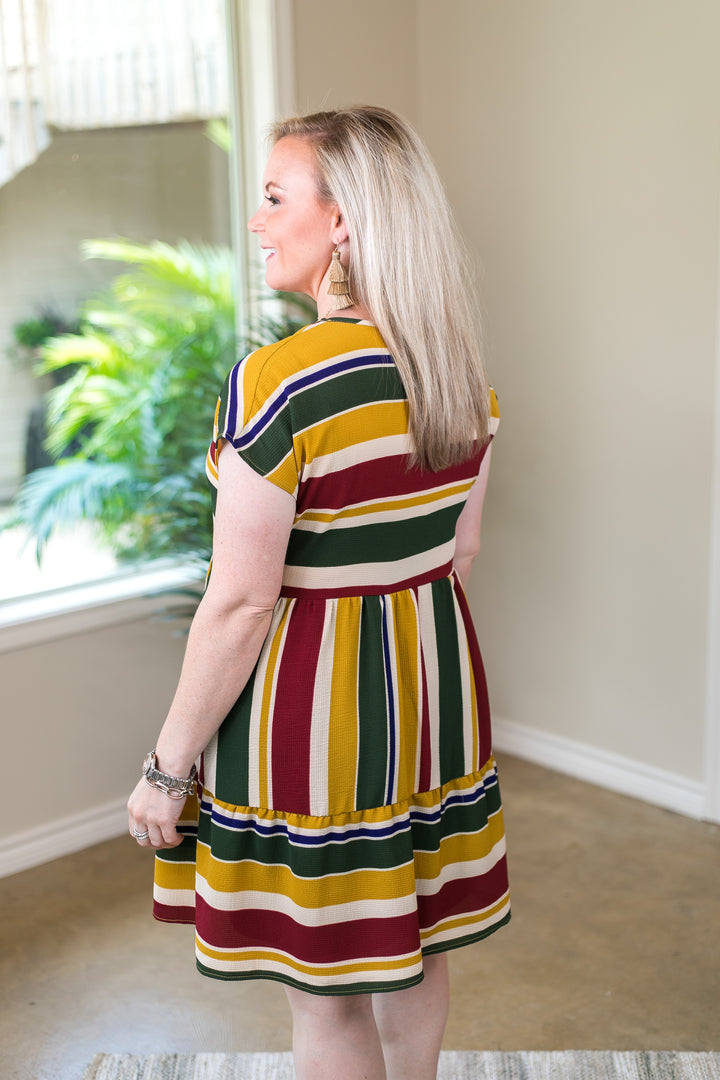 Going To Be Good V Neck Stripe Babydoll Dress in Mustard Yellow - Giddy Up Glamour Boutique