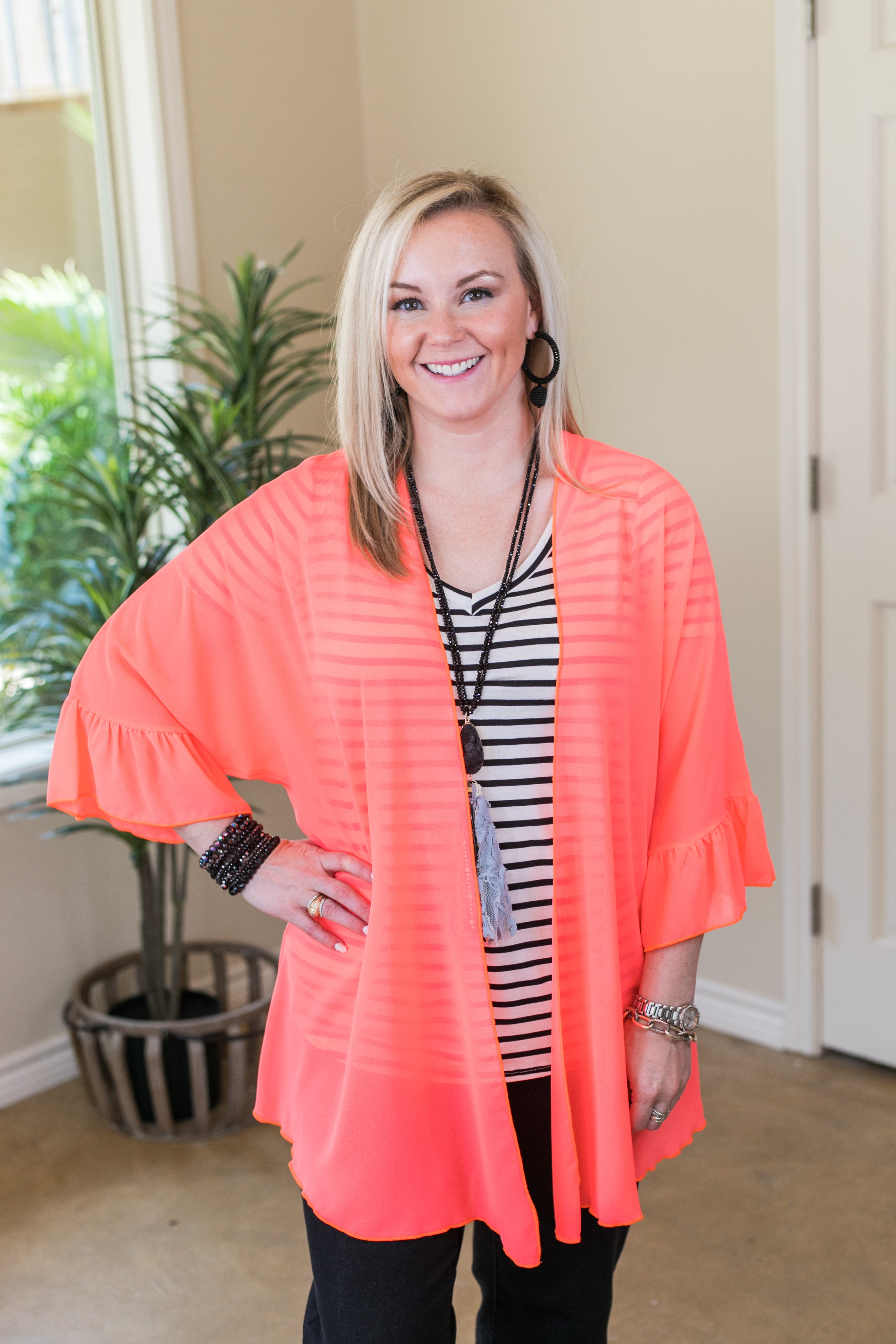 Tell Me About It Sheer Kimono with Ruffle Sleeves in Neon Coral - Giddy Up Glamour Boutique