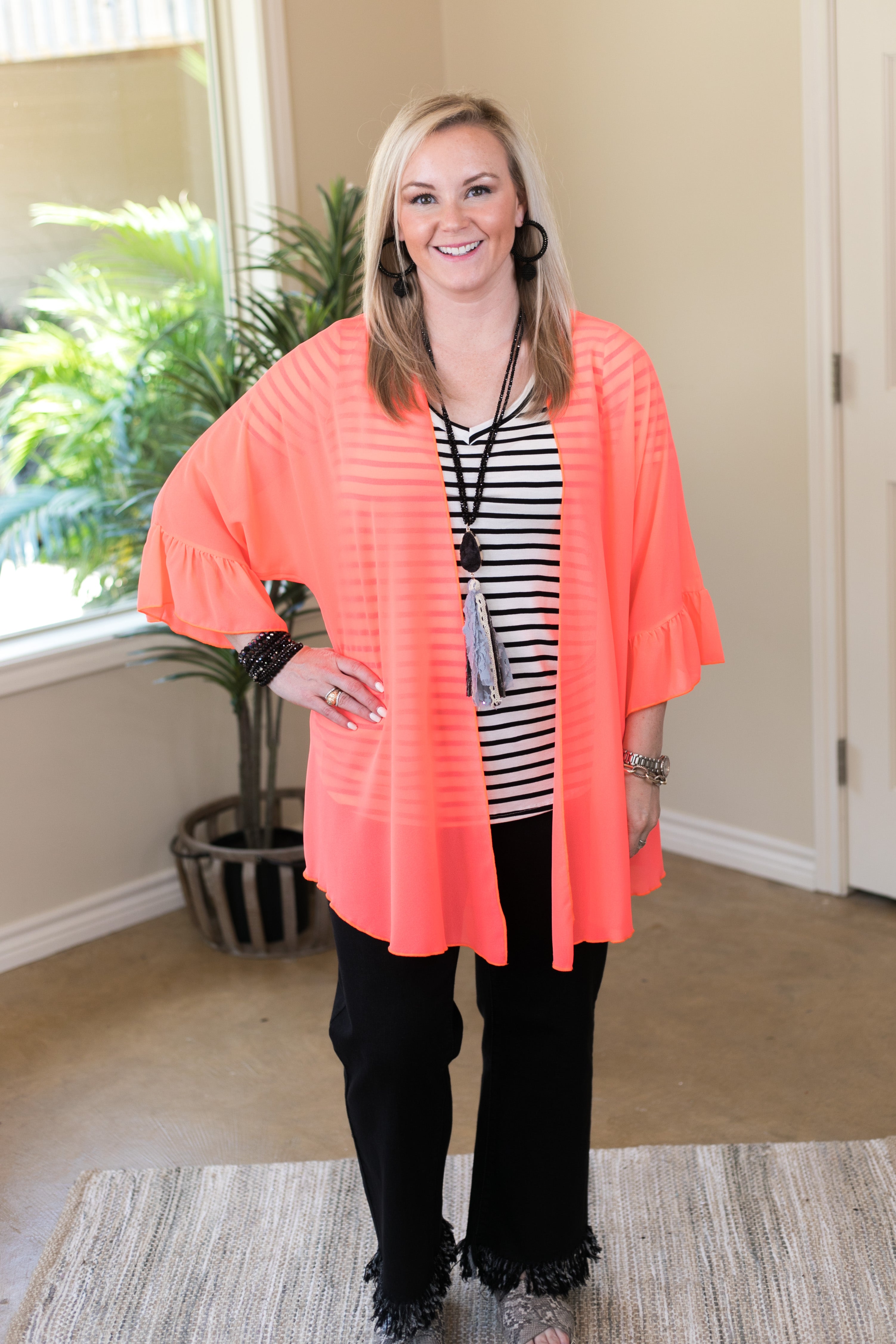 Tell Me About It Sheer Kimono with Ruffle Sleeves in Neon Coral - Giddy Up Glamour Boutique
