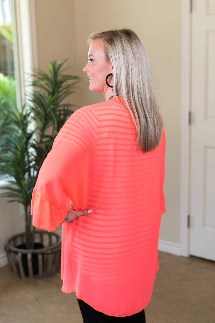 Tell Me About It Sheer Kimono with Ruffle Sleeves in Neon Coral - Giddy Up Glamour Boutique