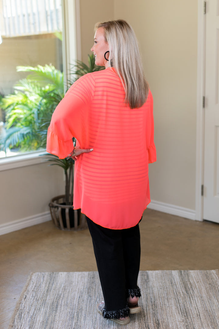 Tell Me About It Sheer Kimono with Ruffle Sleeves in Neon Coral - Giddy Up Glamour Boutique