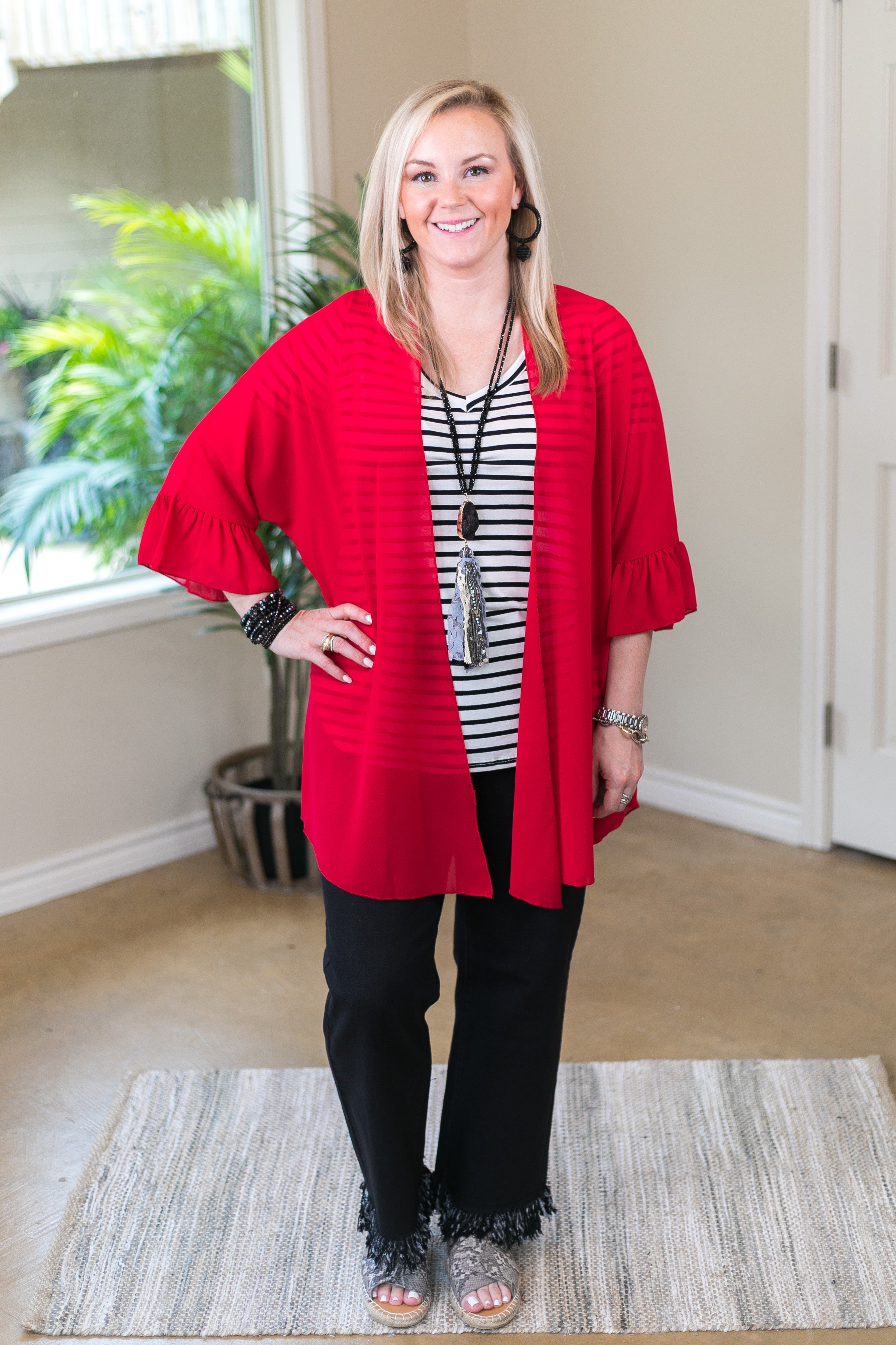 Tell Me About It Sheer Kimono with Ruffle Sleeves in Red - Giddy Up Glamour Boutique