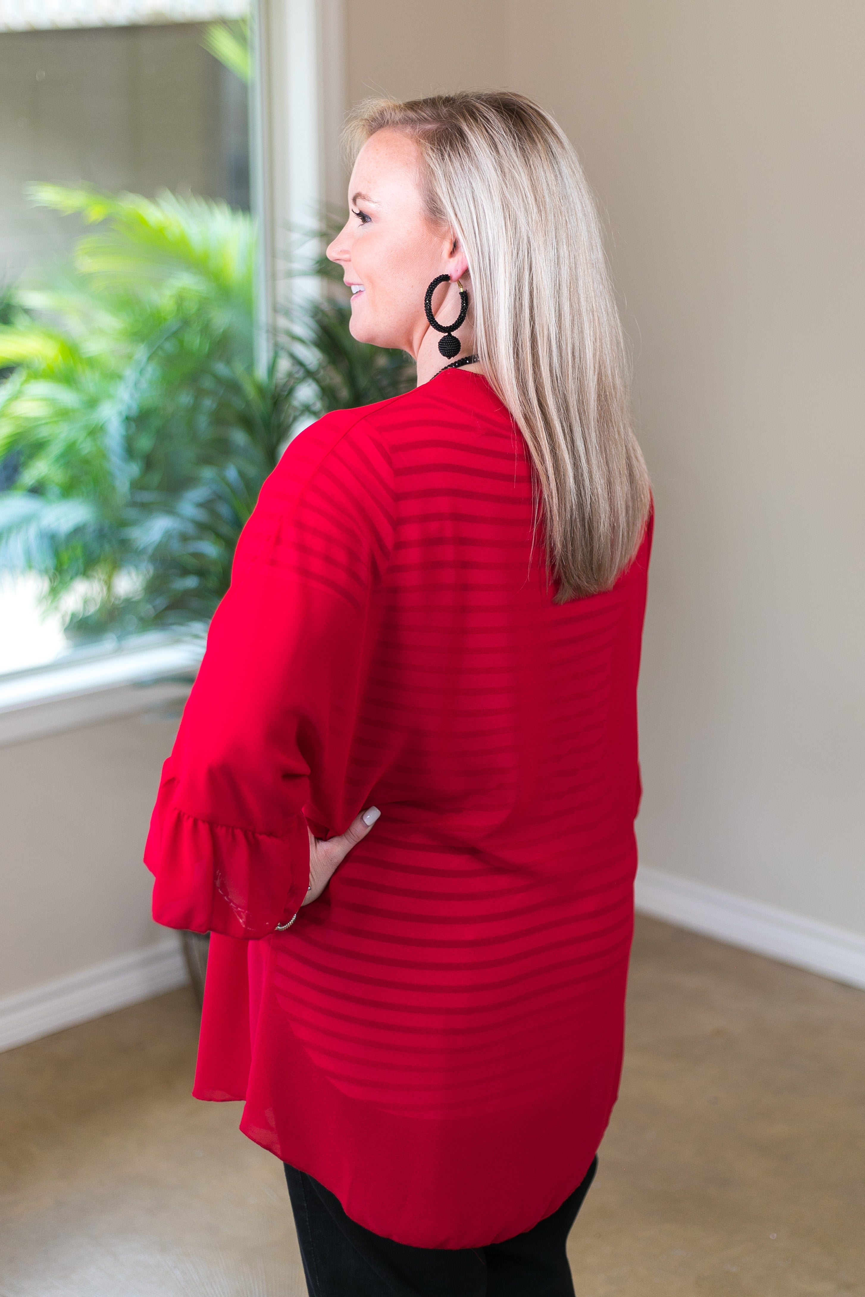Tell Me About It Sheer Kimono with Ruffle Sleeves in Red - Giddy Up Glamour Boutique