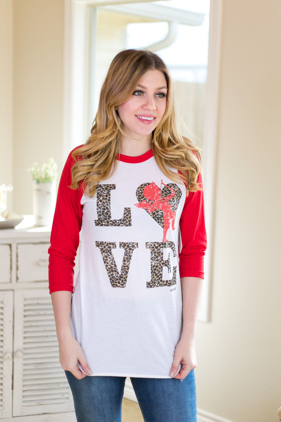Last Chance Size XS & Small | Cheetah Love Cupid Baseball Tee in Red - Giddy Up Glamour Boutique