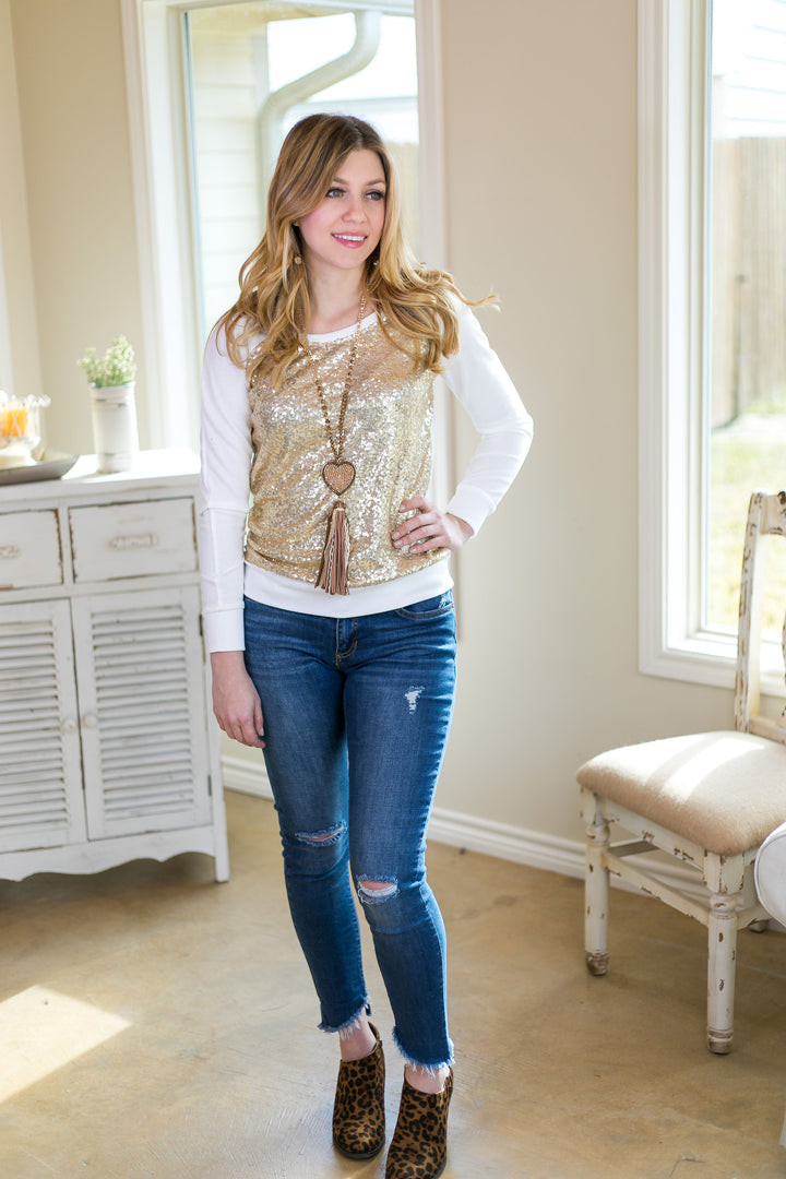 Sequins of Life Sweater with Gold Sequin Front in Ivory - Giddy Up Glamour Boutique