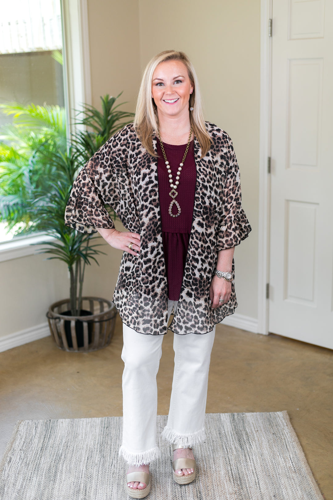 Tell Me About It Sheer Kimono with Ruffle Sleeves in Leopard - Giddy Up Glamour Boutique