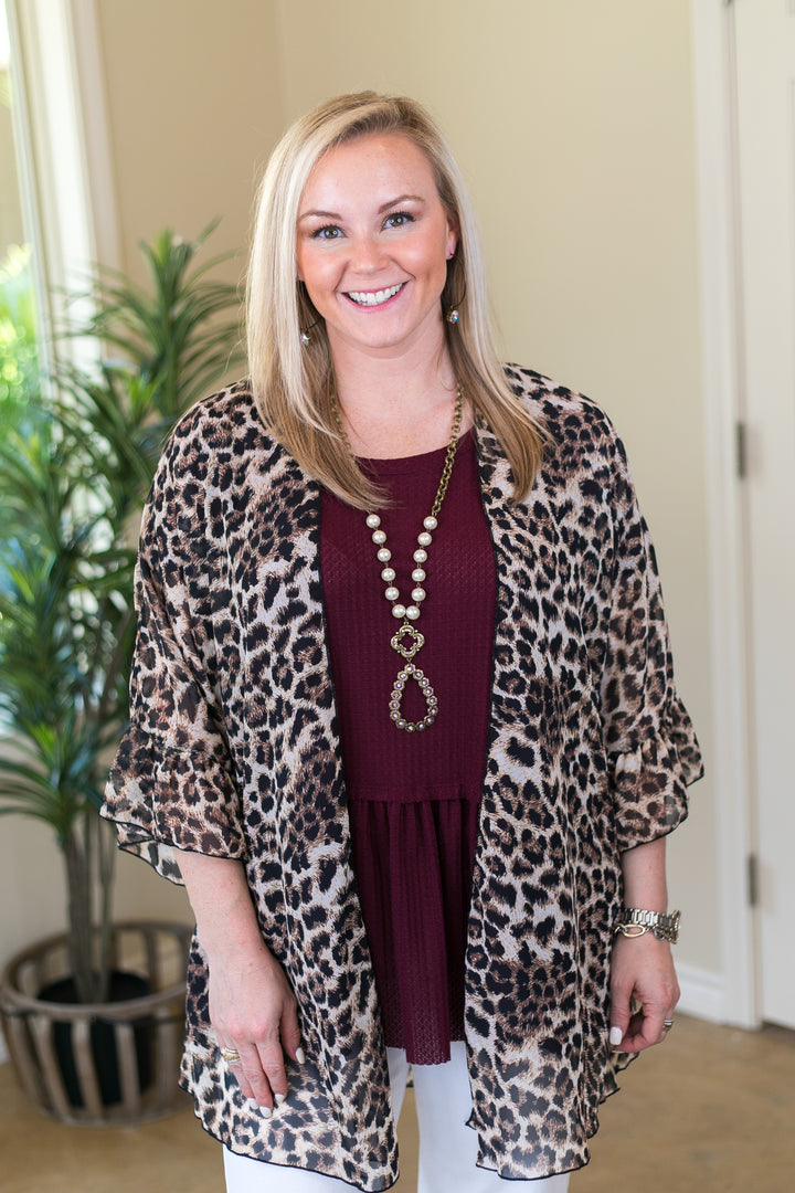 Tell Me About It Sheer Kimono with Ruffle Sleeves in Leopard - Giddy Up Glamour Boutique