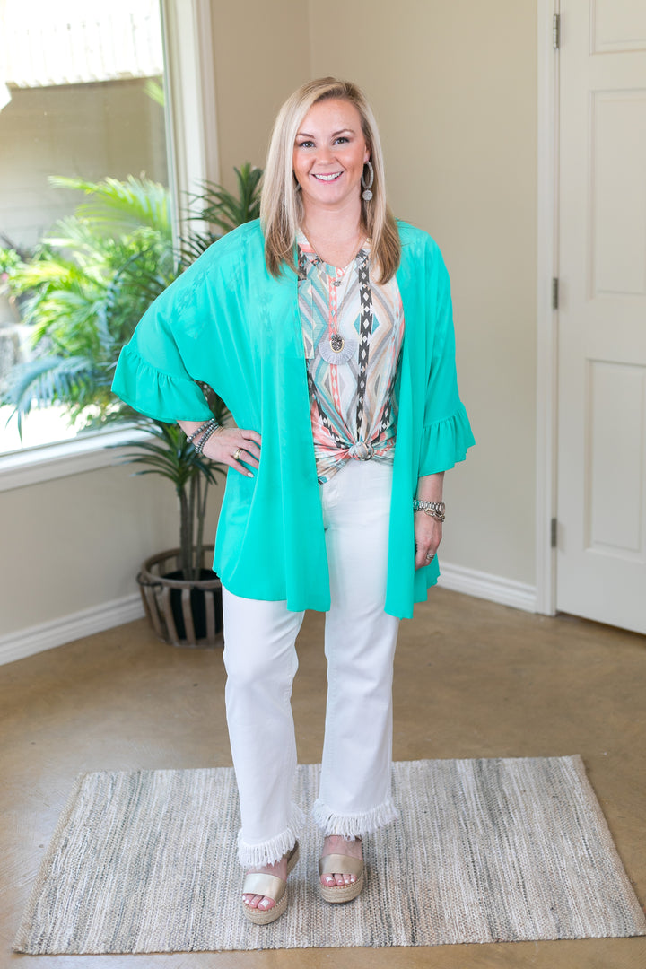 Tell Me About It Sheer Kimono with Ruffle Sleeves in Mint - Giddy Up Glamour Boutique