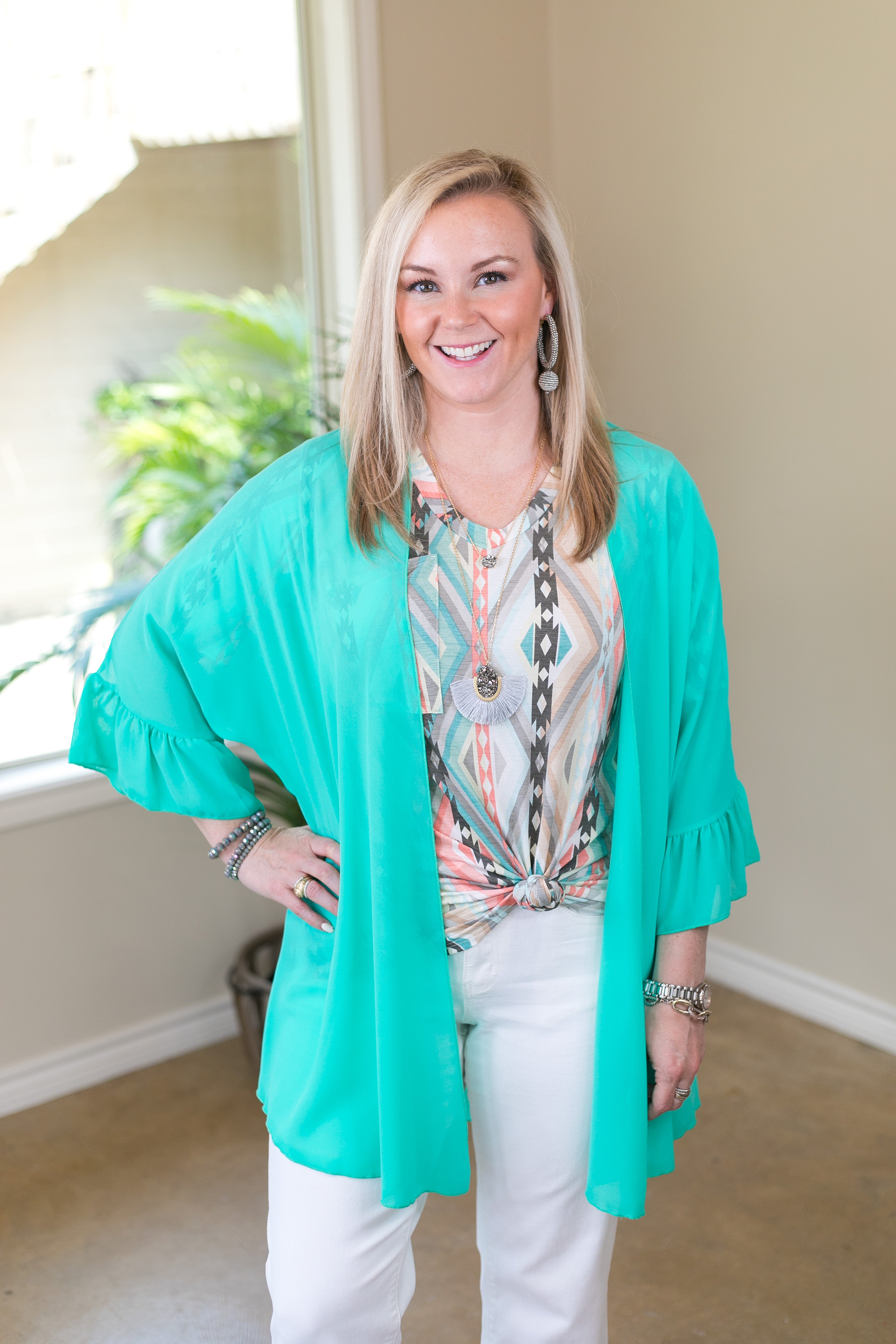 Tell Me About It Sheer Kimono with Ruffle Sleeves in Mint - Giddy Up Glamour Boutique