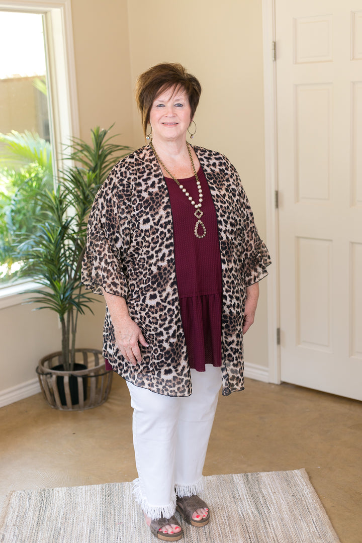 Tell Me About It Sheer Kimono with Ruffle Sleeves in Leopard - Giddy Up Glamour Boutique