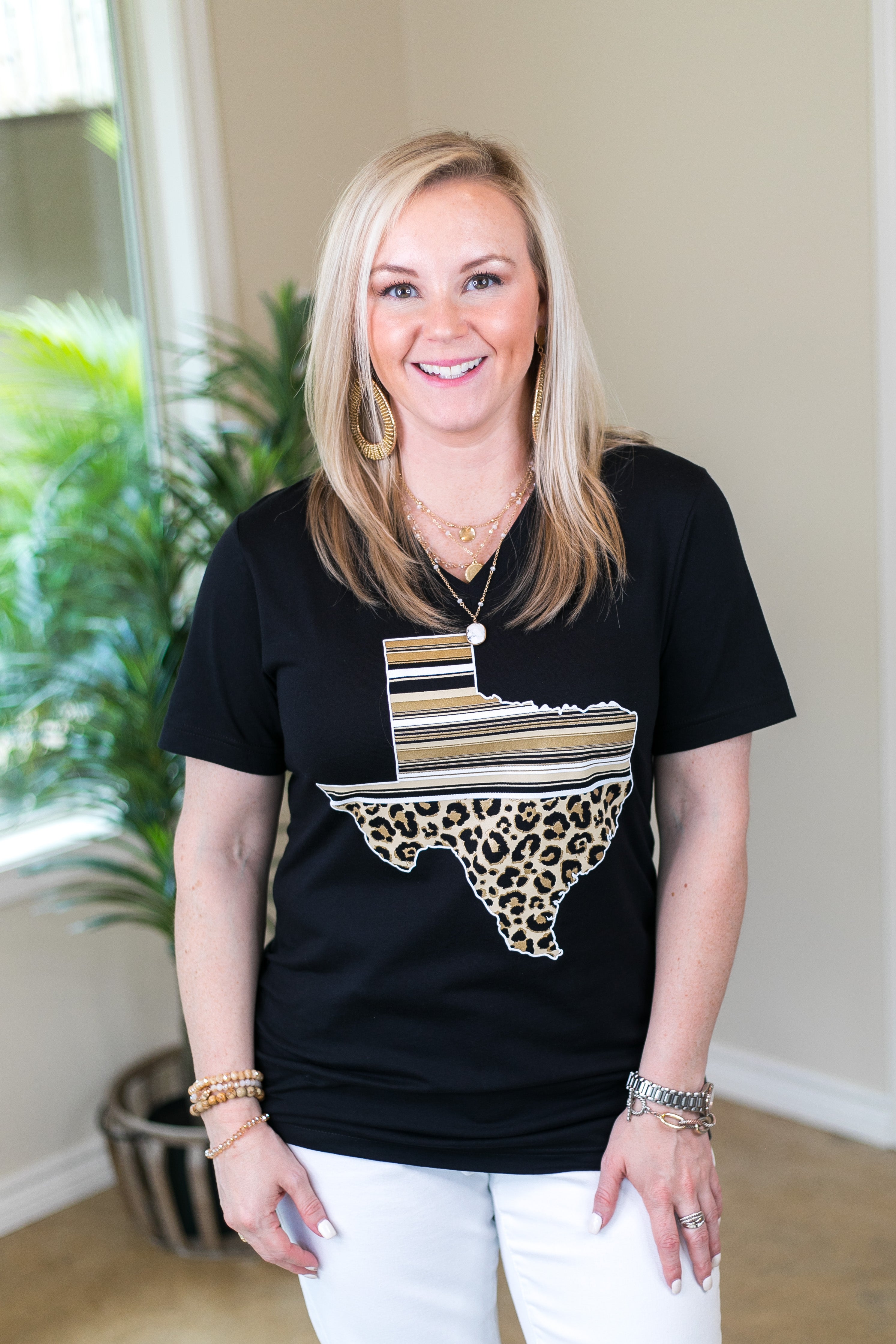 Last Chance Size Small | Serape & Leopard Print Texas Short Sleeve Tee Shirt in Black - Giddy Up Glamour Boutique