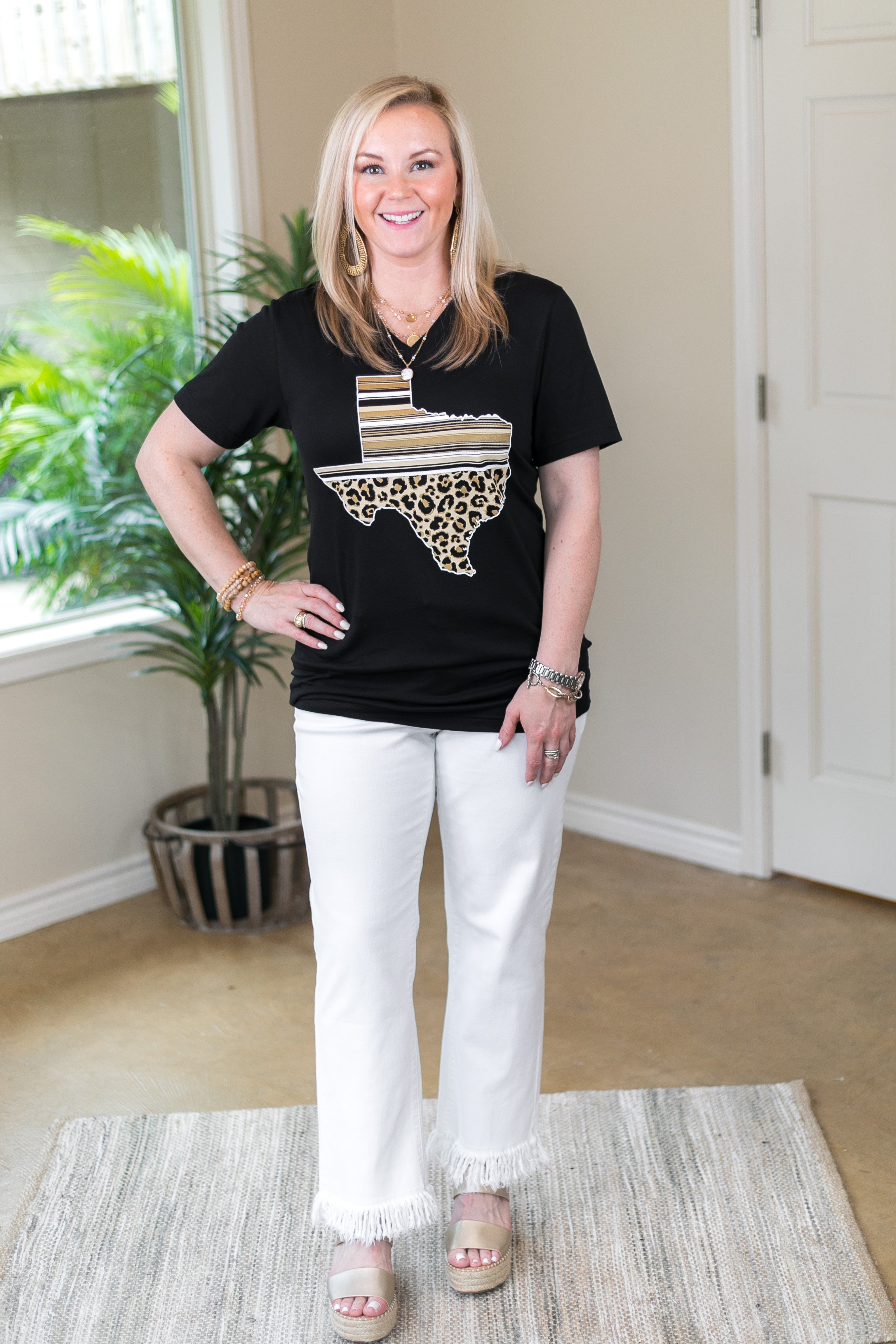 Last Chance Size Small | Serape & Leopard Print Texas Short Sleeve Tee Shirt in Black - Giddy Up Glamour Boutique