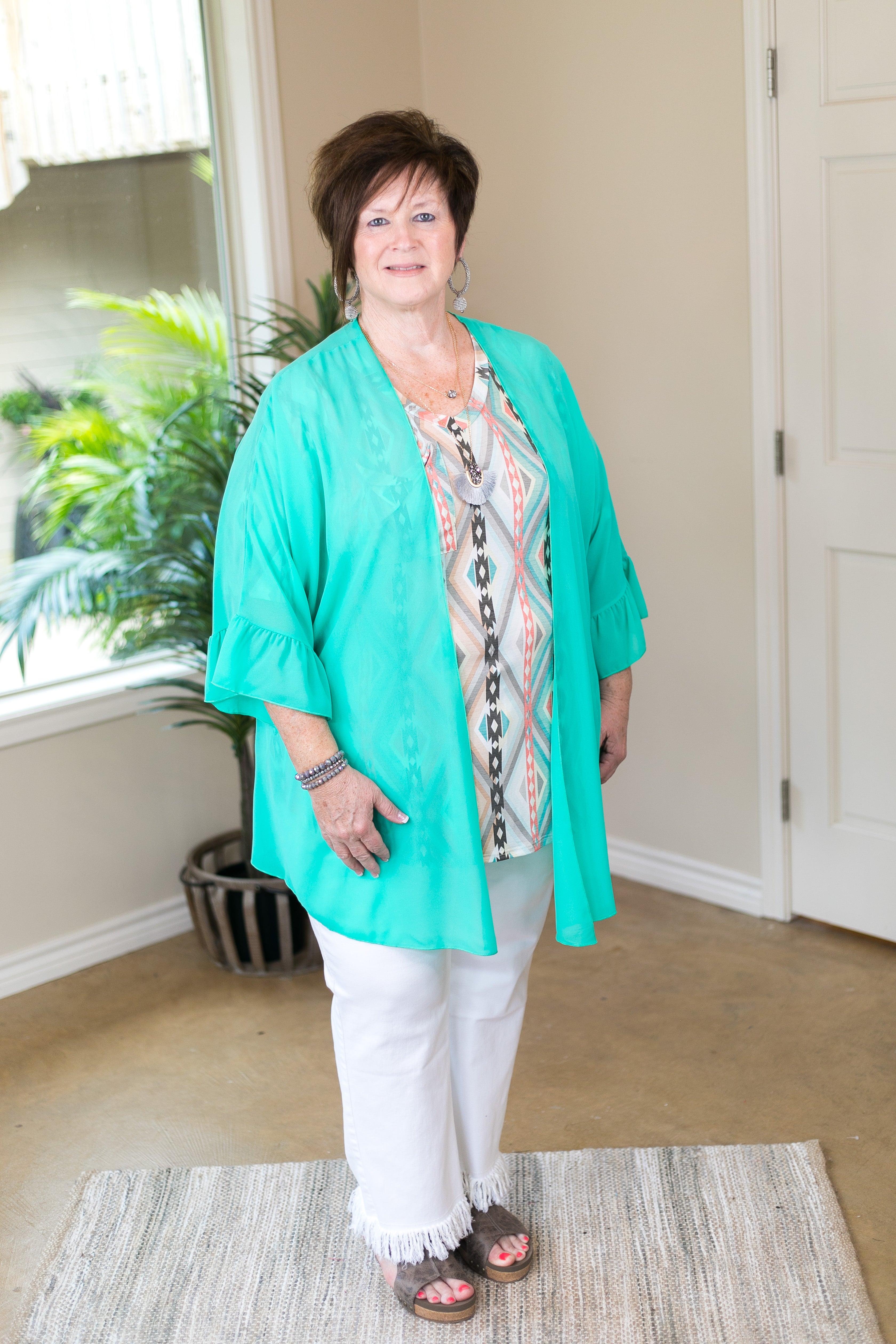 Tell Me About It Sheer Kimono with Ruffle Sleeves in Mint - Giddy Up Glamour Boutique