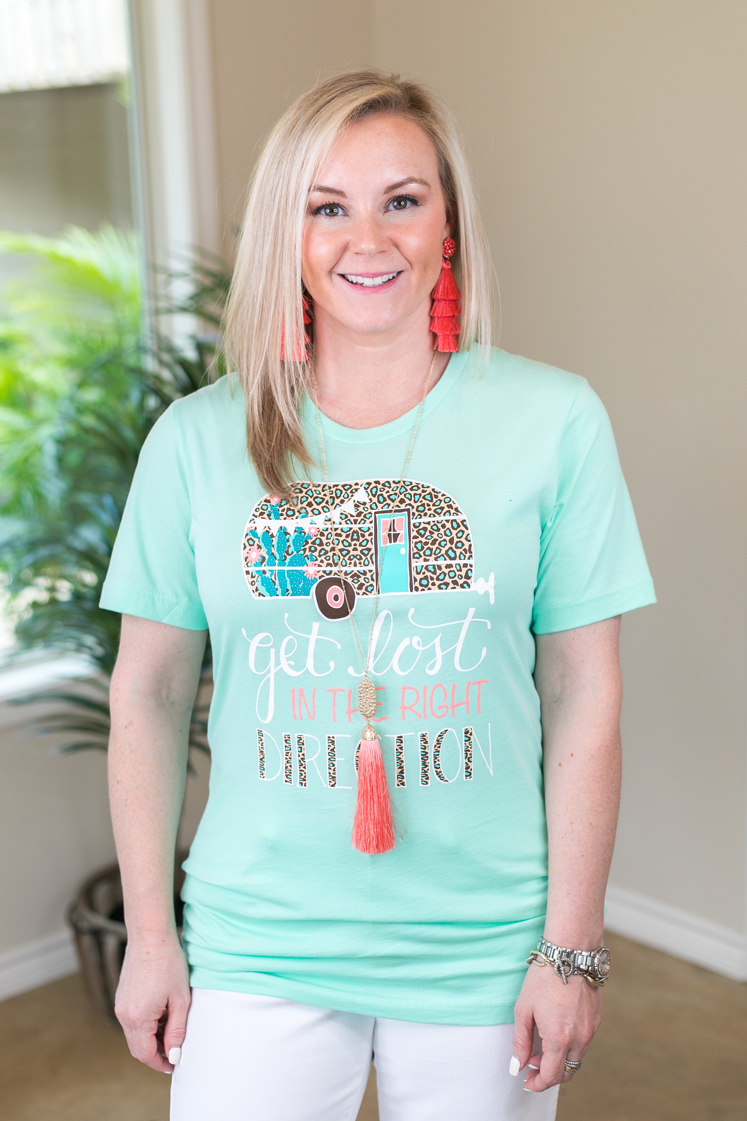 Get Lost In The Right Direction Camper Short Sleeve Tee Shirt in Mint - Giddy Up Glamour Boutique