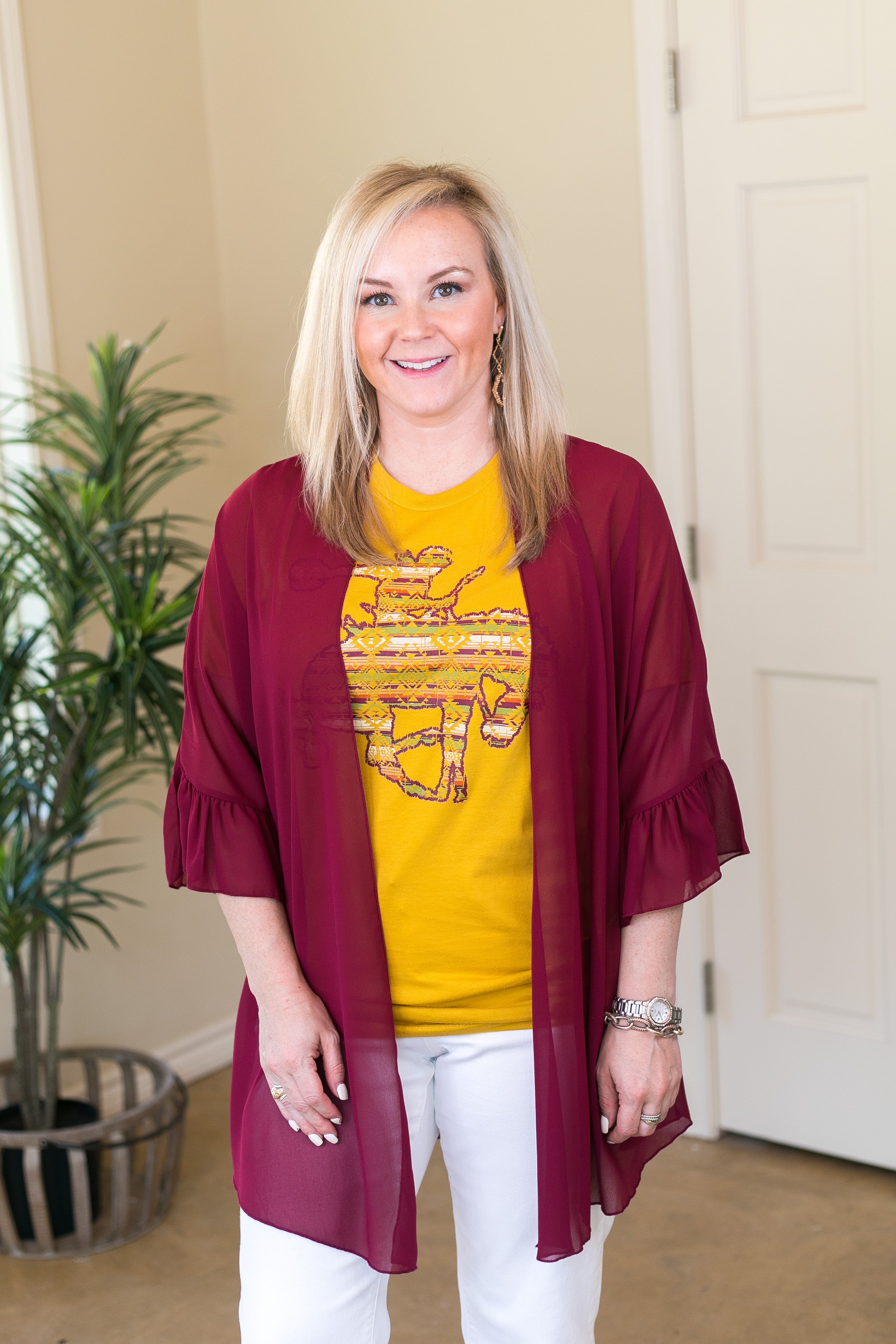 Ain't My First Rodeo Aztec Print Saddle Bronc Short Sleeve Tee Shirt in Mustard Yellow - Giddy Up Glamour Boutique