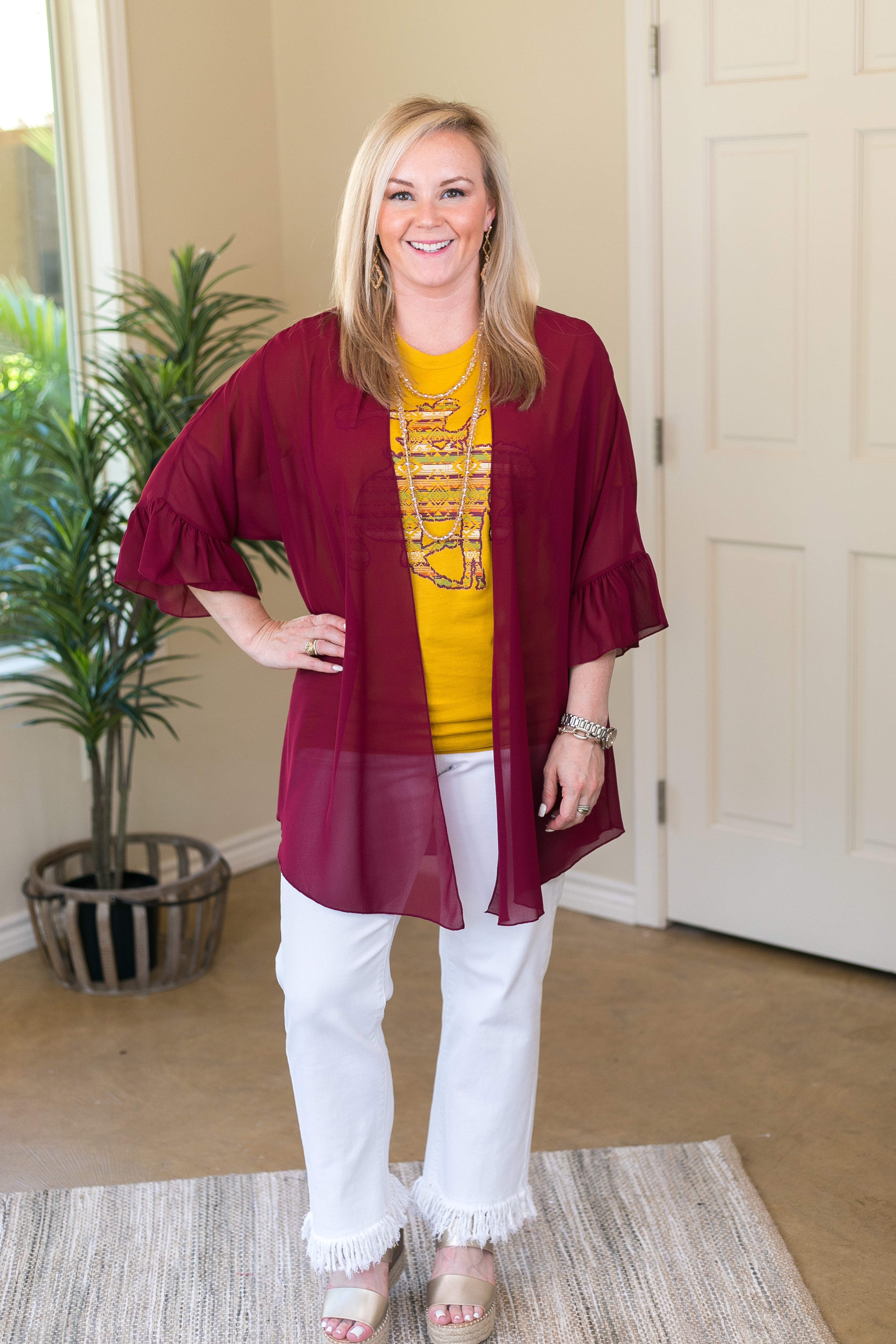 Tell Me About It Sheer Kimono with Ruffle Sleeves in Maroon - Giddy Up Glamour Boutique