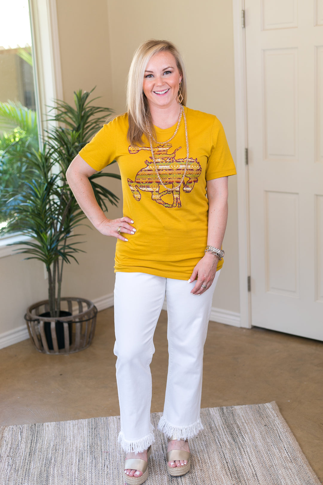 Ain't My First Rodeo Aztec Print Saddle Bronc Short Sleeve Tee Shirt in Mustard Yellow - Giddy Up Glamour Boutique