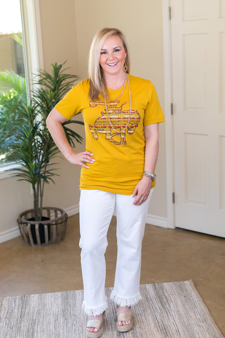 Ain't My First Rodeo Aztec Print Saddle Bronc Short Sleeve Tee Shirt in Mustard Yellow - Giddy Up Glamour Boutique