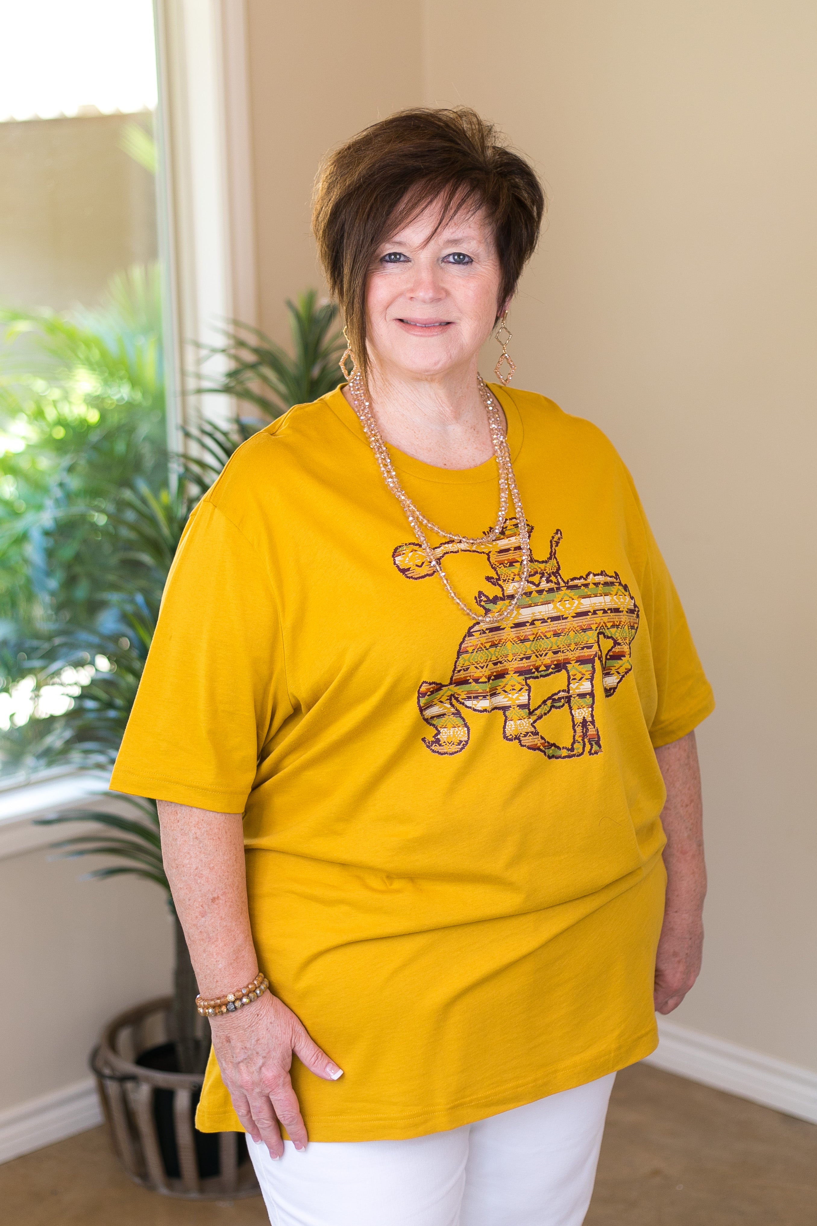Ain't My First Rodeo Aztec Print Saddle Bronc Short Sleeve Tee Shirt in Mustard Yellow - Giddy Up Glamour Boutique