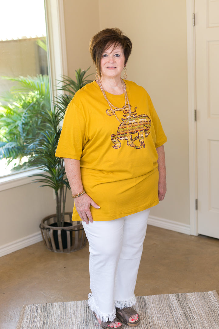 Ain't My First Rodeo Aztec Print Saddle Bronc Short Sleeve Tee Shirt in Mustard Yellow - Giddy Up Glamour Boutique