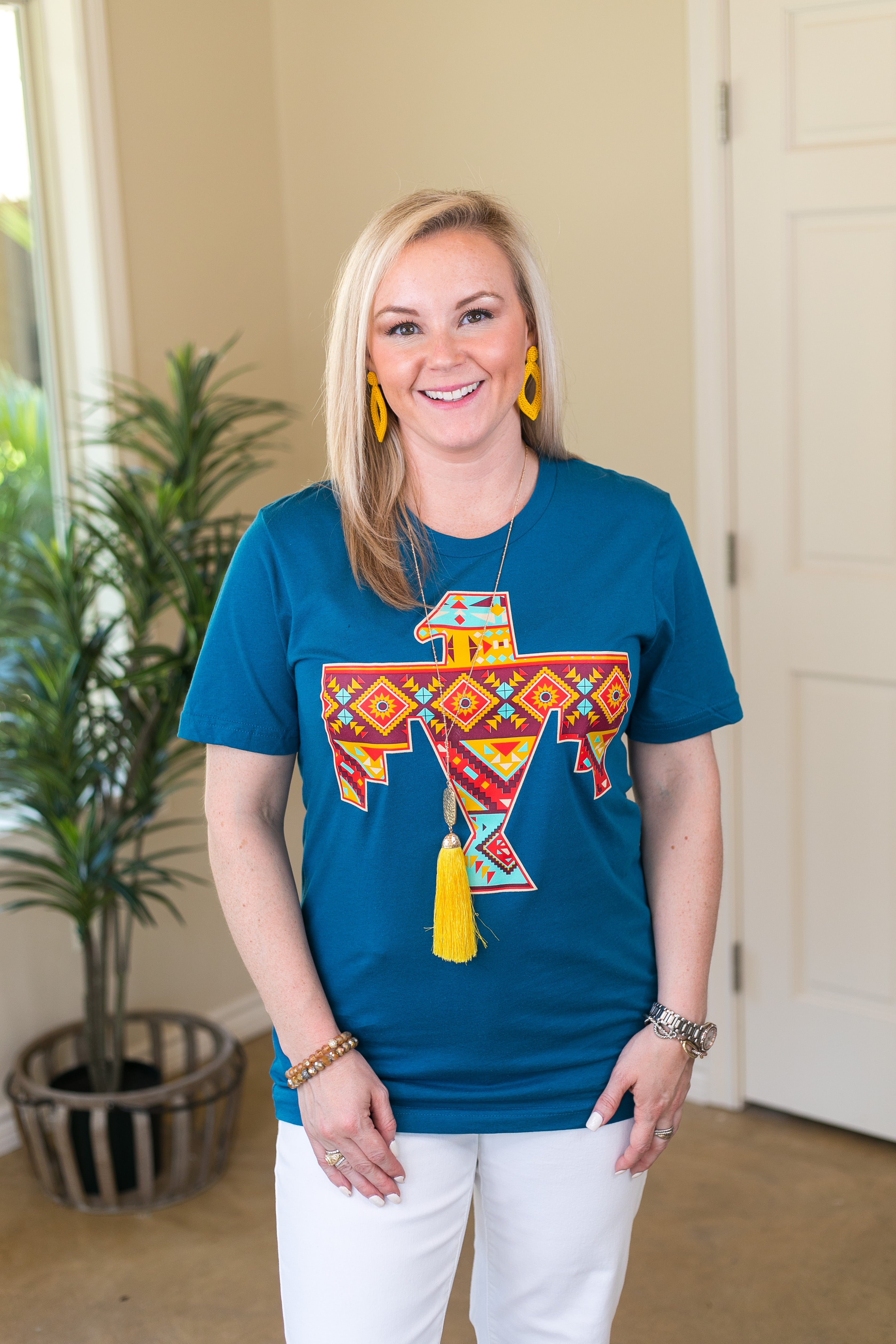 Keep Her Wild Aztec Thunderbird Graphic Short Sleeve Tee Shirt in Teal Blue - Giddy Up Glamour Boutique