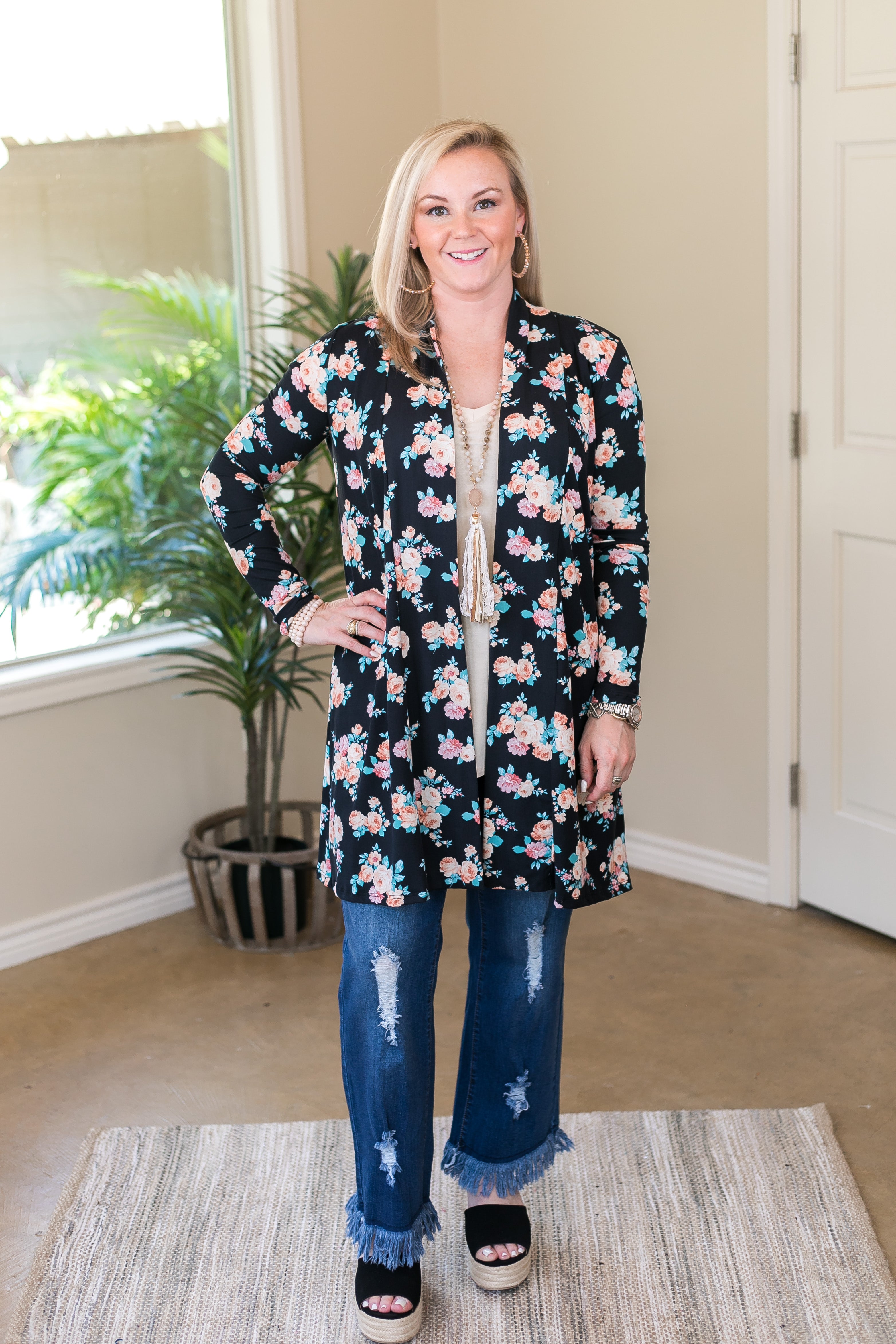 Garden Party Floral Print Super Soft Cardigan in Black - Giddy Up Glamour Boutique