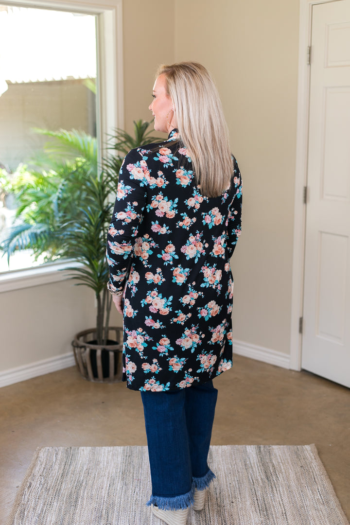 Garden Party Floral Print Super Soft Cardigan in Black - Giddy Up Glamour Boutique