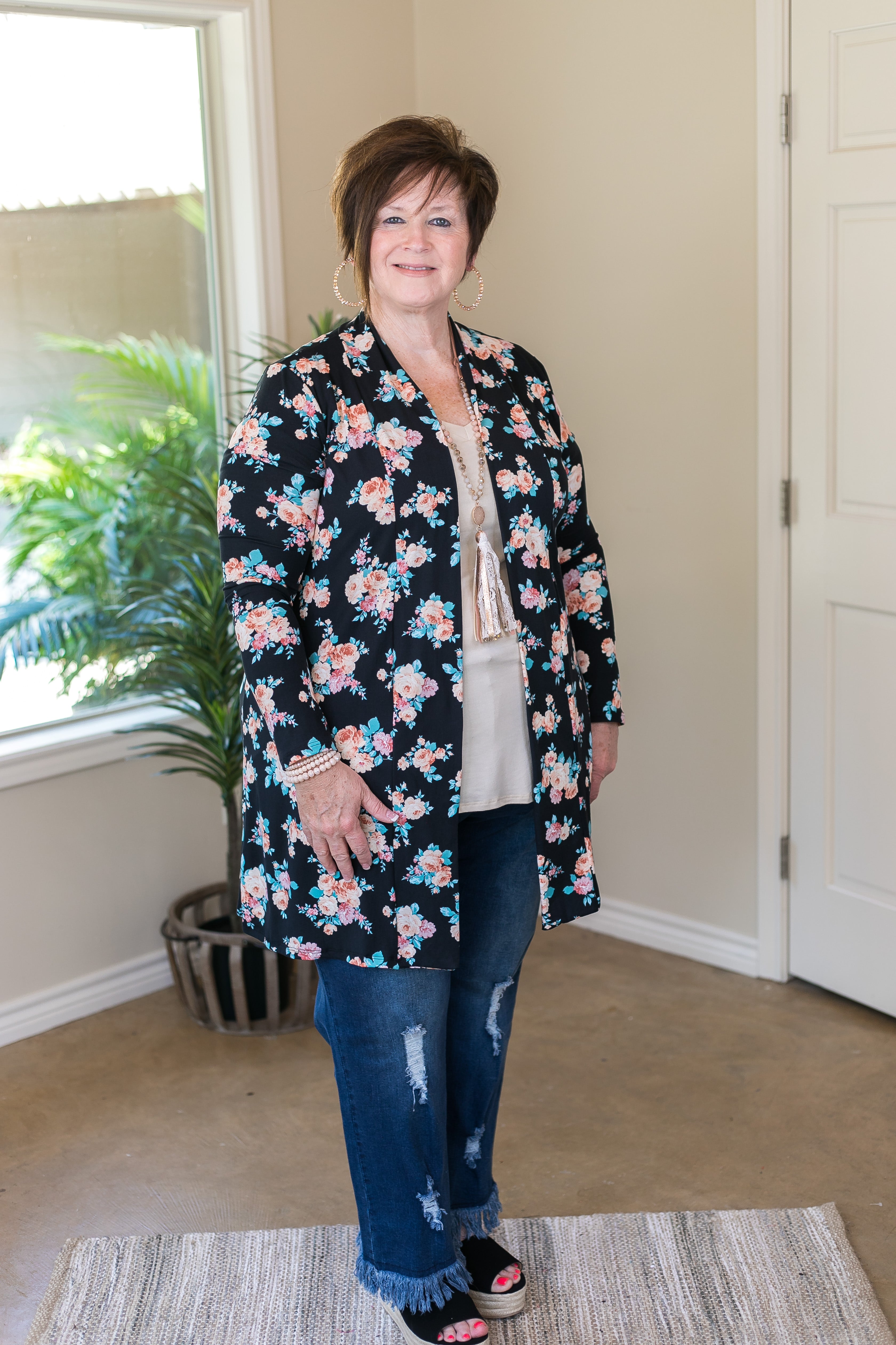 Garden Party Floral Print Super Soft Cardigan in Black - Giddy Up Glamour Boutique