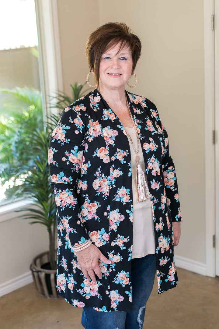 Garden Party Floral Print Super Soft Cardigan in Black - Giddy Up Glamour Boutique