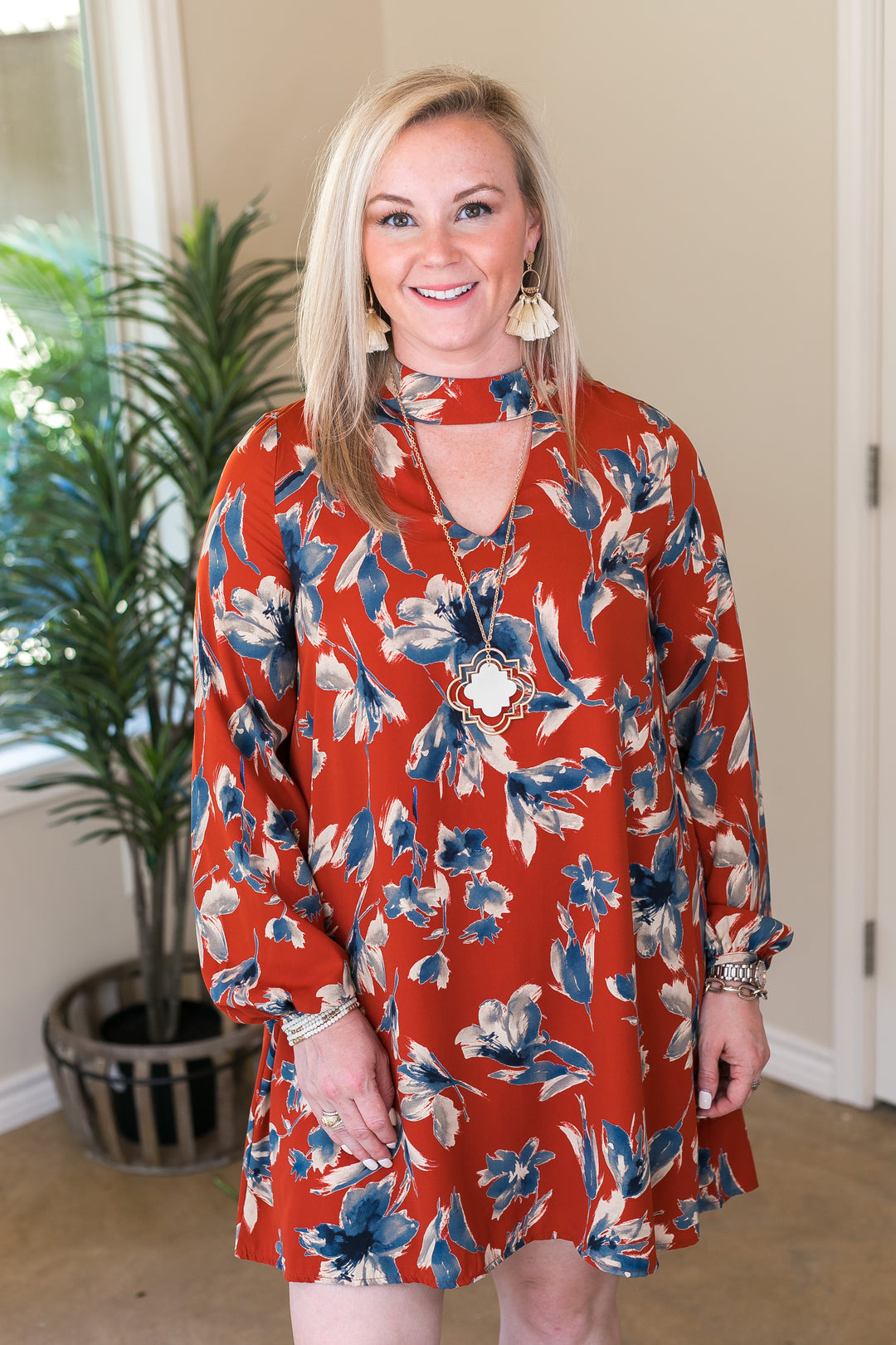 Last Chance Size Small & Medium | Honorable Mention Floral Print Keyhole Shift Dress in Rust Orange - Giddy Up Glamour Boutique