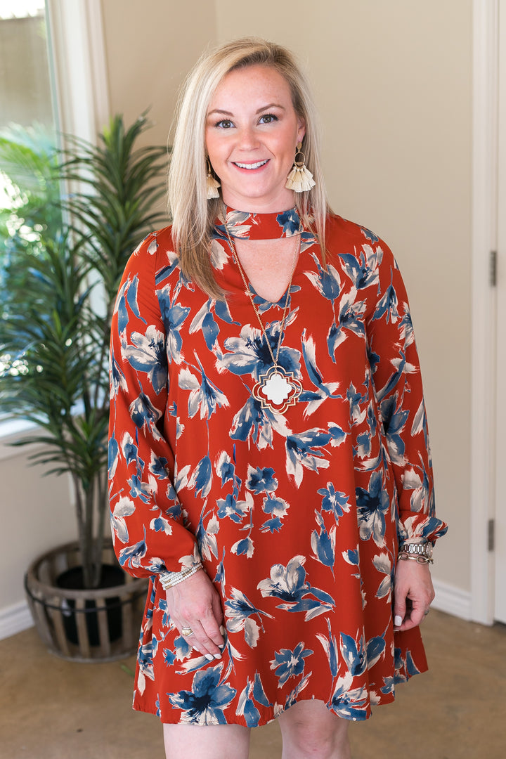 Last Chance Size Small & Medium | Honorable Mention Floral Print Keyhole Shift Dress in Rust Orange - Giddy Up Glamour Boutique