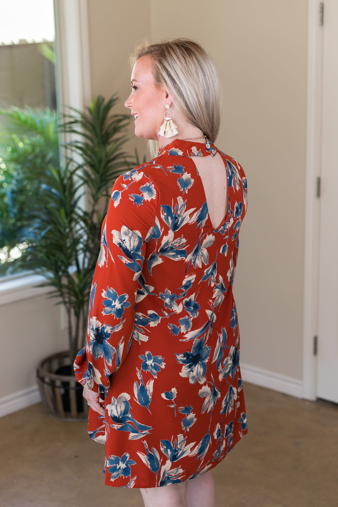 Last Chance Size Small & Medium | Honorable Mention Floral Print Keyhole Shift Dress in Rust Orange - Giddy Up Glamour Boutique