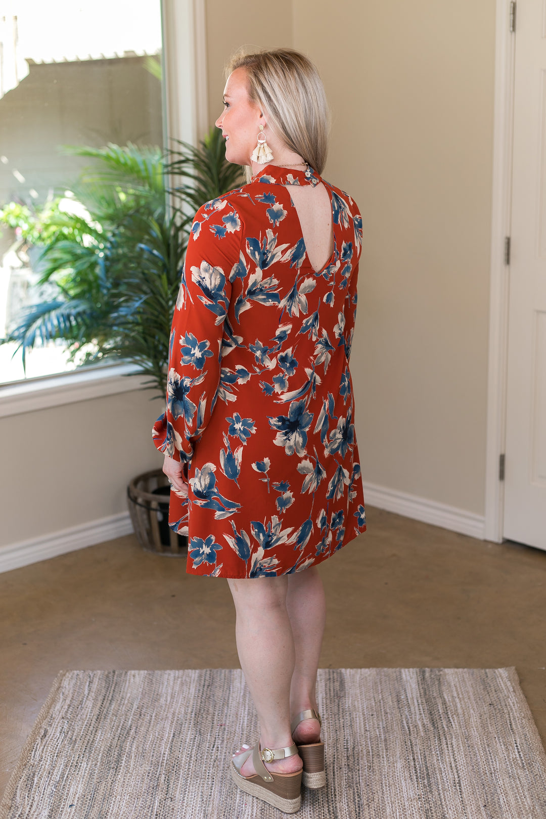 Last Chance Size Small & Medium | Honorable Mention Floral Print Keyhole Shift Dress in Rust Orange - Giddy Up Glamour Boutique