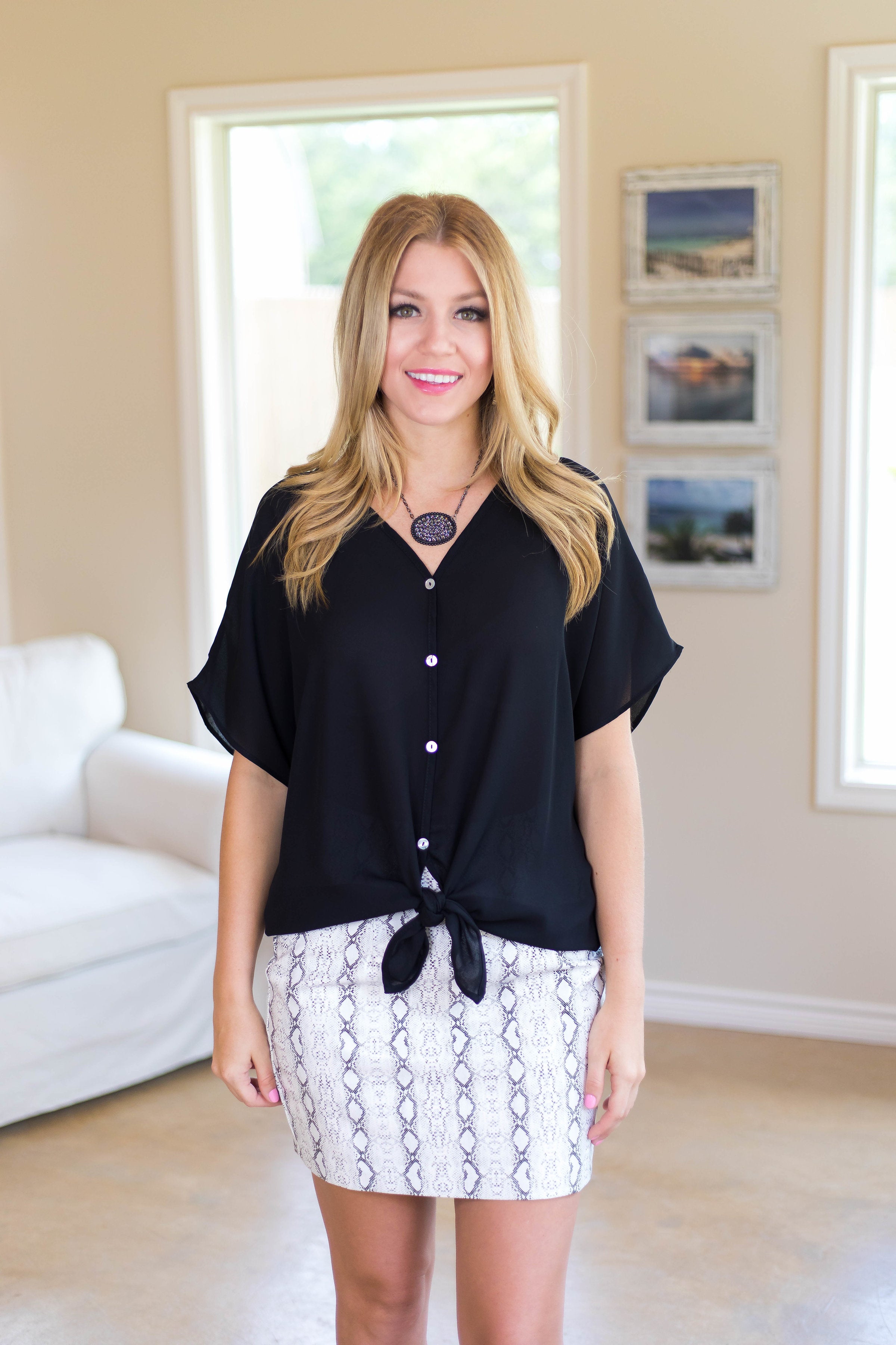 Last Chance Size Medium | You Make It Easy Button Down Top with Front Tie in Black - Giddy Up Glamour Boutique