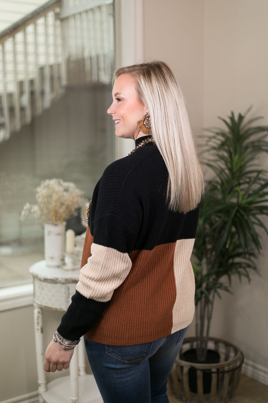 Just Warming Up Color Block Knit Pullover Sweater in Black & Rust - Giddy Up Glamour Boutique