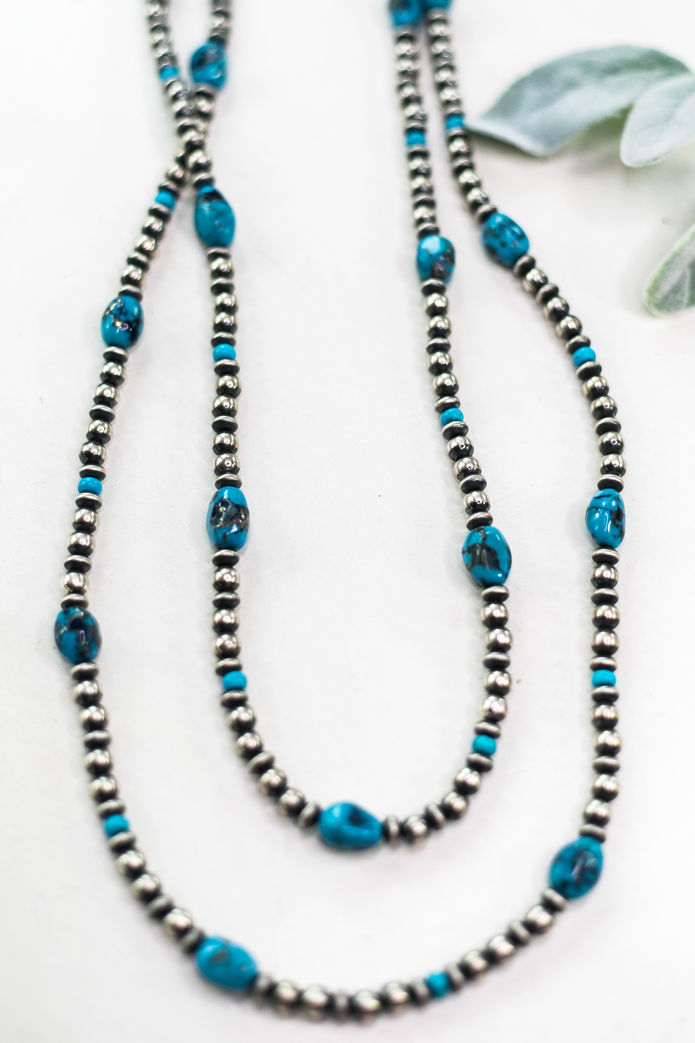 Navajo | Navajo Handmade Sterling Silver Navajo Pearl Necklace with Turquoise Stones | 60 inches - Giddy Up Glamour Boutique
