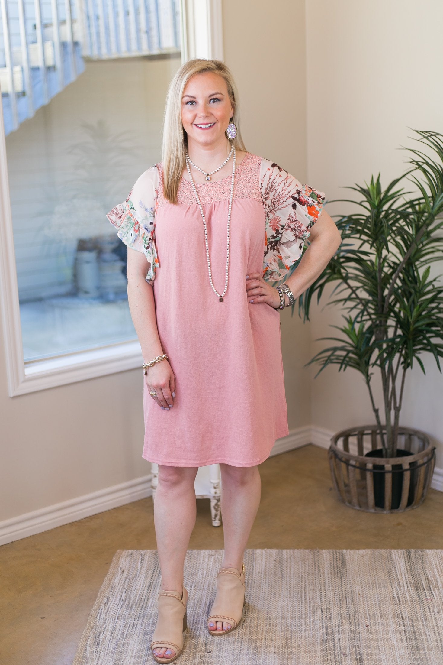 Spring Time Delight Floral Ruffle Sleeve Dress with Leopard Accents in Blush Pink