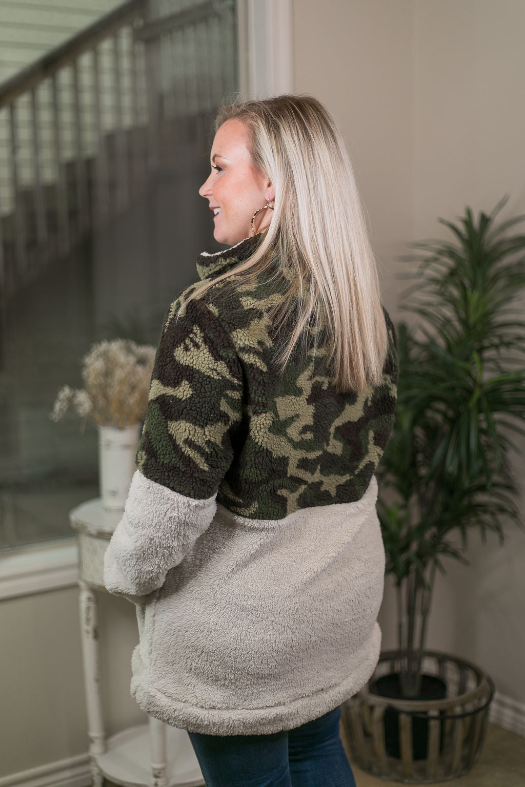 Chill of the Night Camouflage Sherpa Quarter Zip Pullover in Olive Green - Giddy Up Glamour Boutique