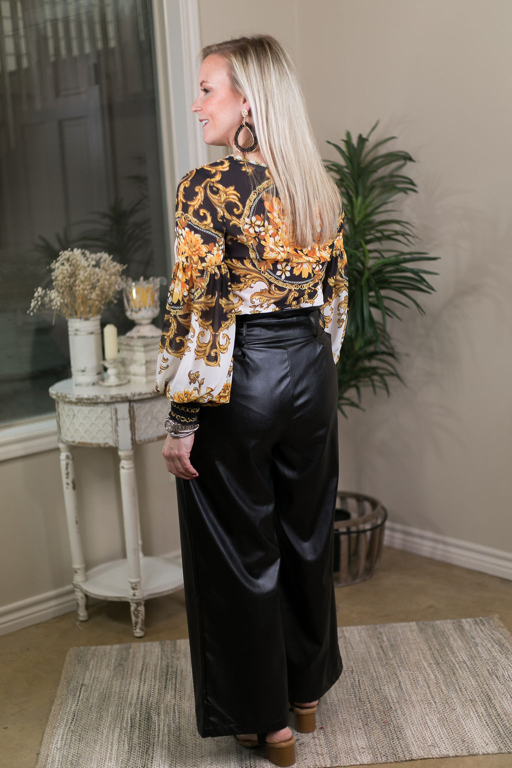 Last Chance Size Small & Med. | Classic and Contemporary Baroque Print Top with Bishop Sleeves in Black - Giddy Up Glamour Boutique