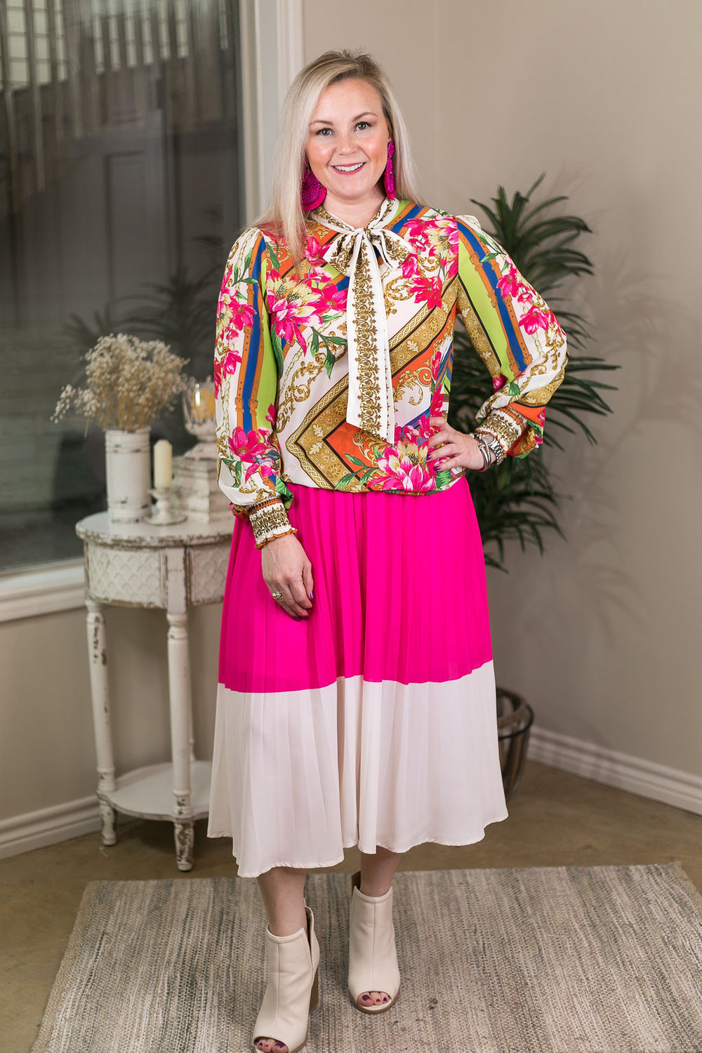 Bright Outlook Color Block High Waist Pleated Midi Skirt in Hot Pink - Giddy Up Glamour Boutique