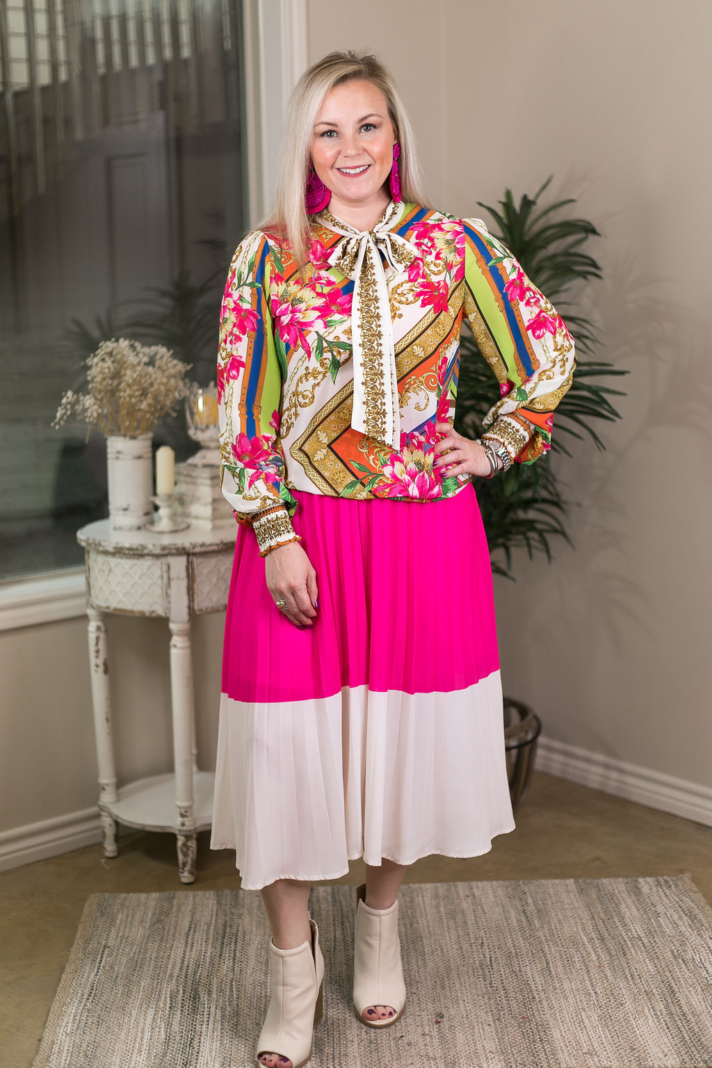 Bright Outlook Color Block High Waist Pleated Midi Skirt in Hot Pink - Giddy Up Glamour Boutique