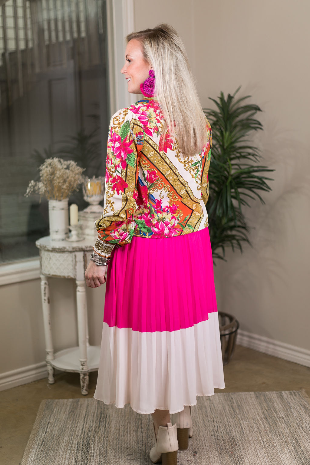 Bright Outlook Color Block High Waist Pleated Midi Skirt in Hot Pink - Giddy Up Glamour Boutique