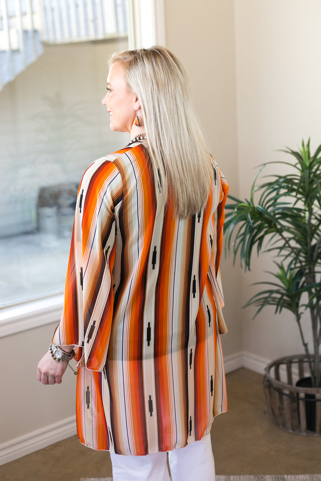 Southwestern Sunrise Serape Print Sheer Kimono in Orange and Beige - Giddy Up Glamour Boutique